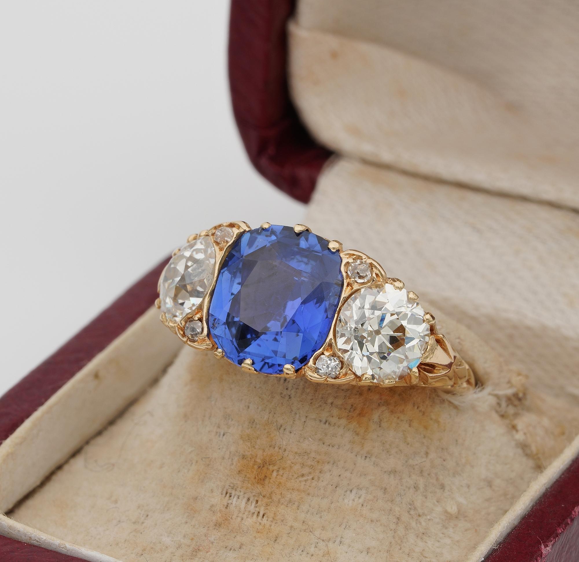 Edwardian 3.48 Ct NO Heat Ceylon Sapphire 2.25 Ct Diamond Plus Trilogy Ring For Sale 1