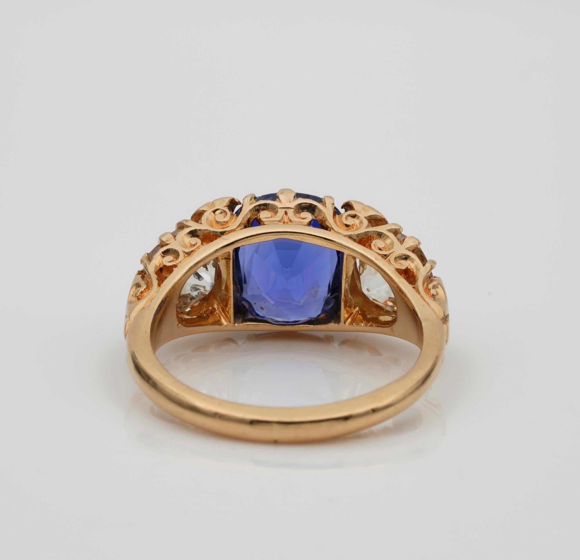 Edwardian 3.48 Ct NO Heat Ceylon Sapphire 2.25 Ct Diamond Plus Trilogy Ring For Sale 3
