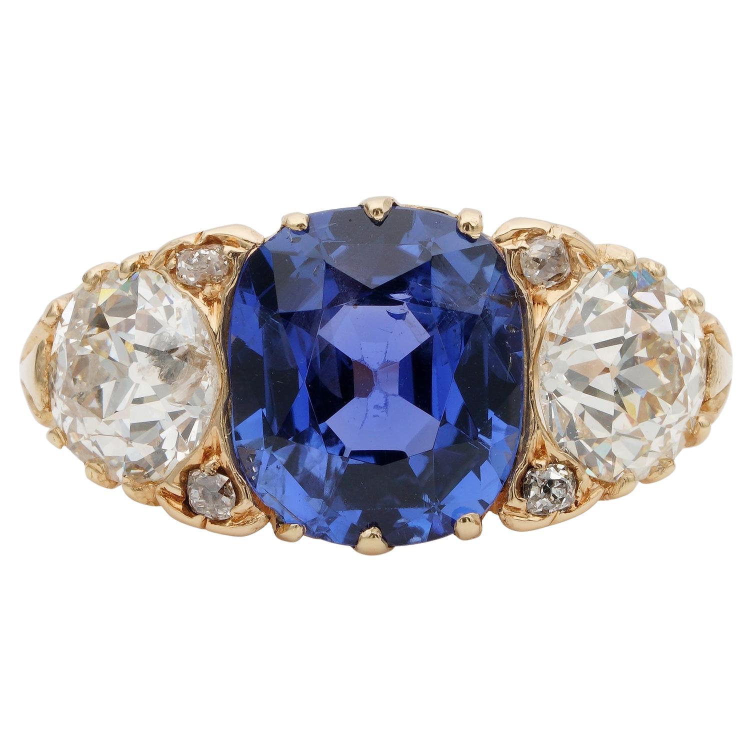 Edwardian 3.48 Ct NO Heat Ceylon Sapphire 2.25 Ct Diamond Plus Trilogy Ring For Sale