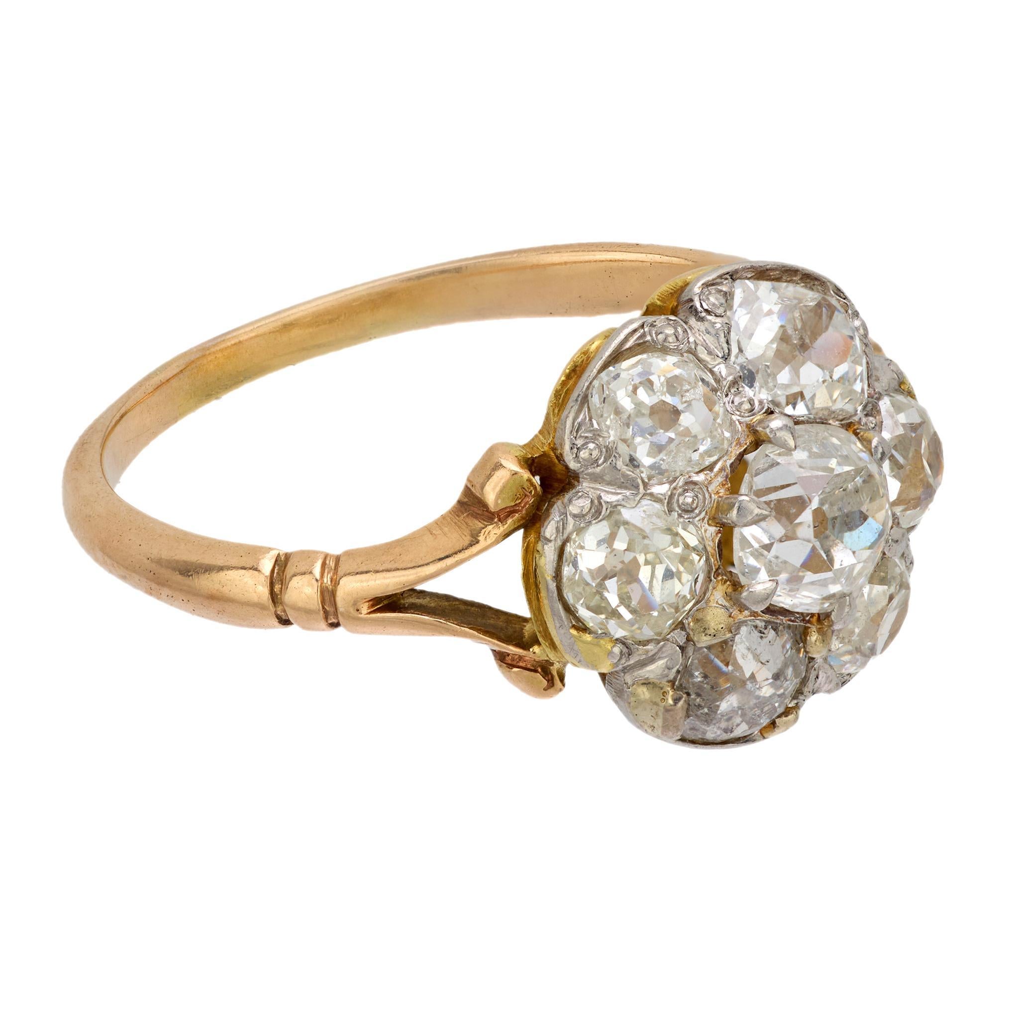 Old Mine Cut Edwardian 3.50 carat old mine diamond 18k yellow gold cluster ring