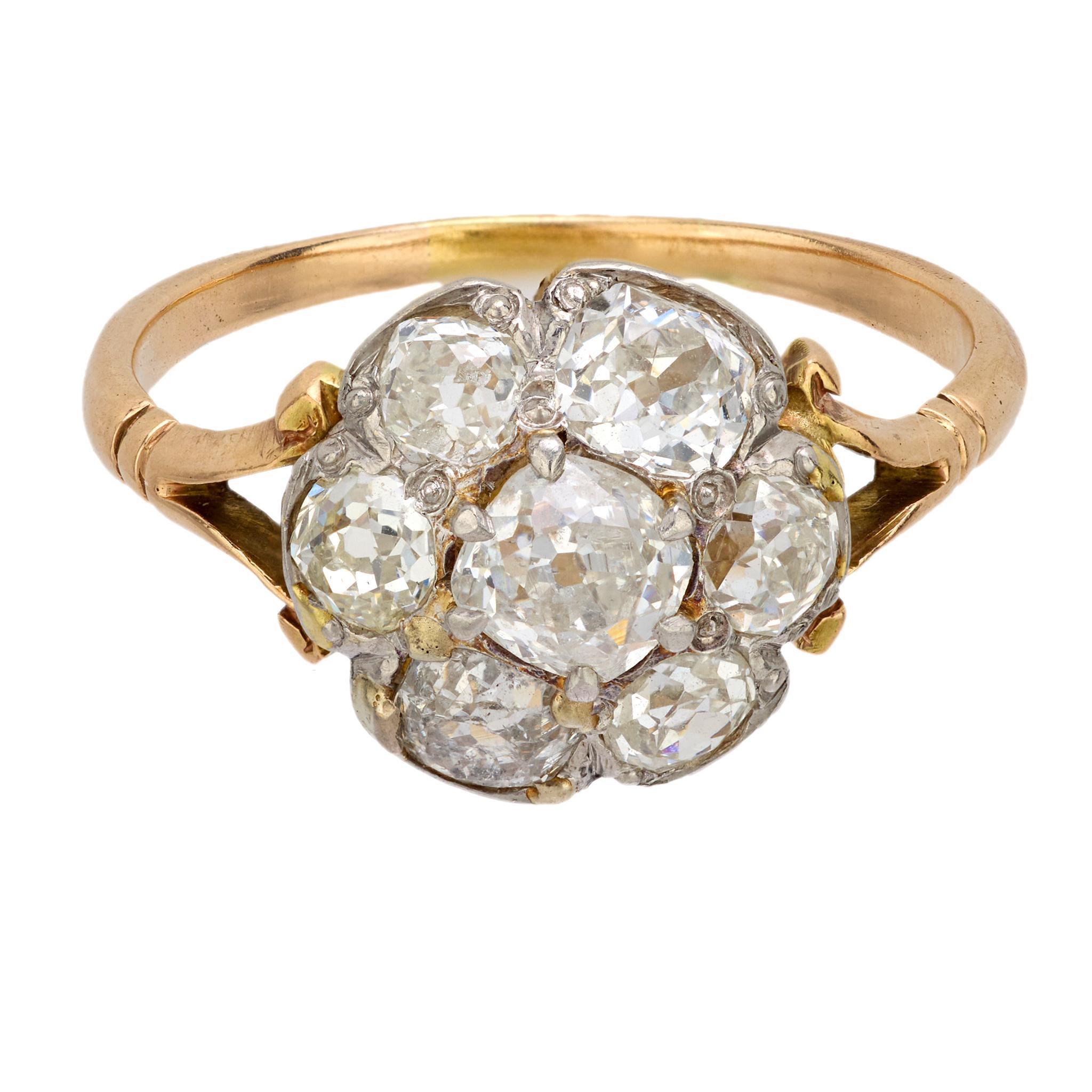 Edwardian 3.50 carat old mine diamond 18k yellow gold cluster ring In Good Condition In Beverly Hills, CA