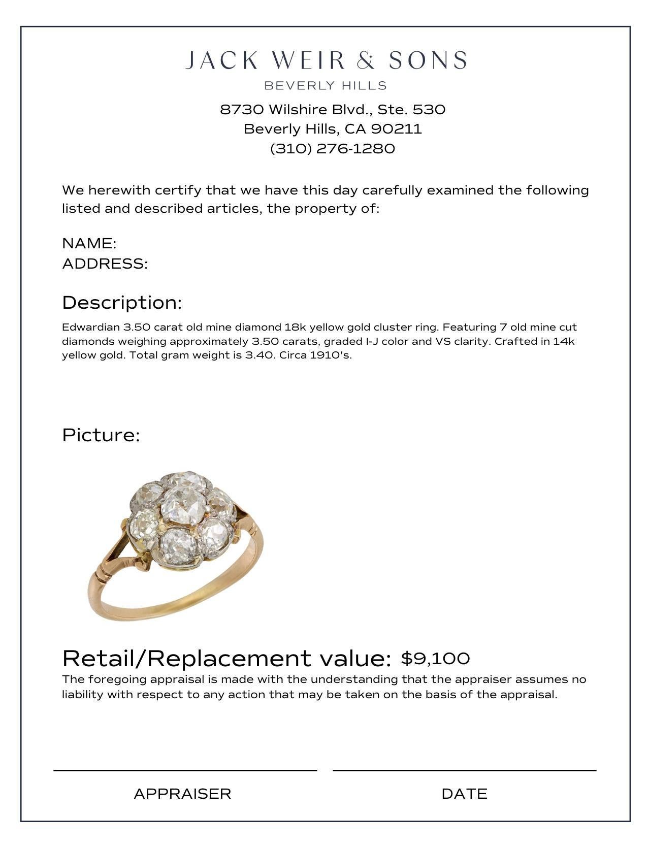 Women's Edwardian 3.50 carat old mine diamond 18k yellow gold cluster ring