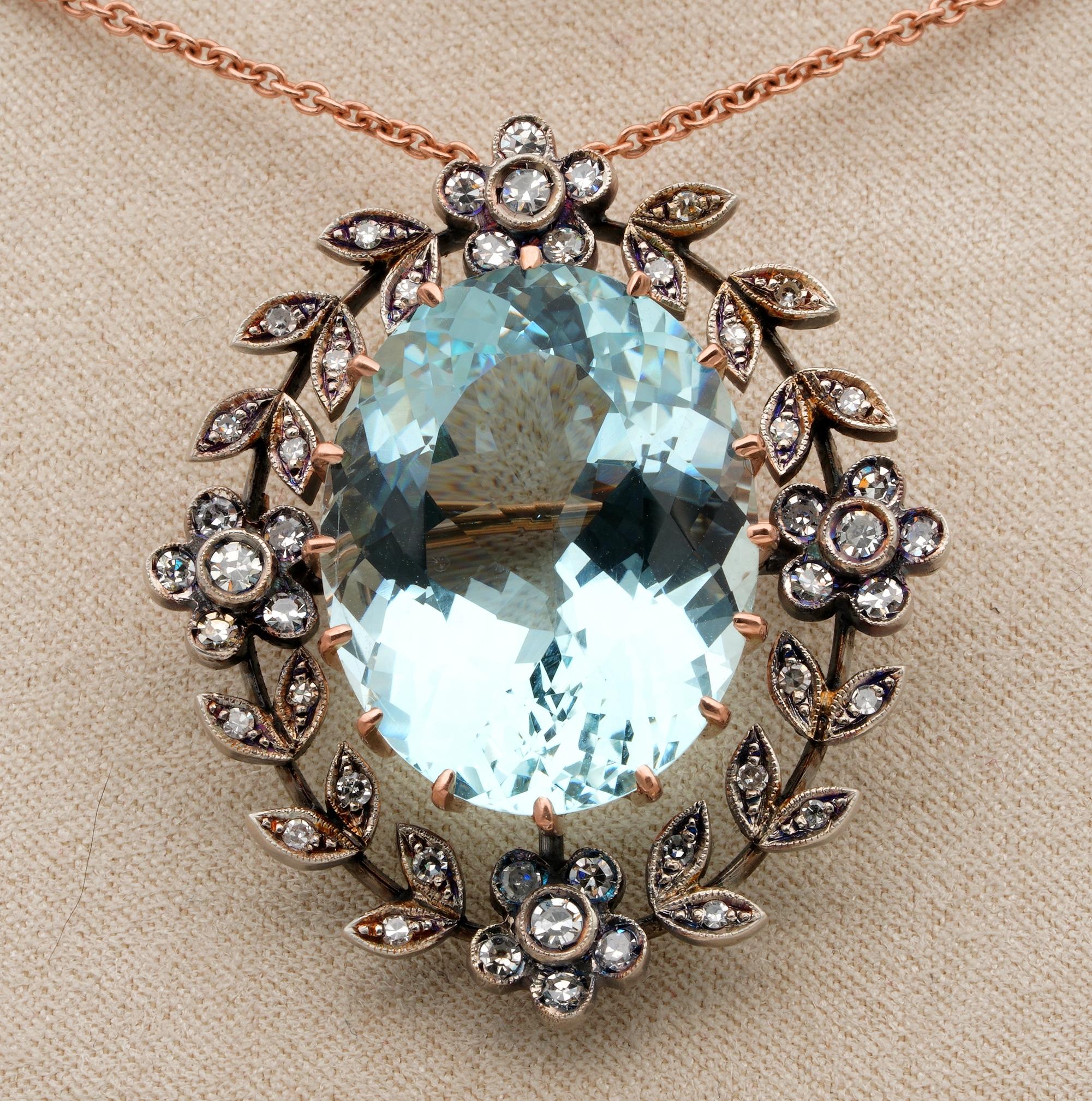 Heirloom
An impressive Edwardian era , classy flowery design , large sized brooch pendant, 1910 ca
Hand crafted of solid 18 KT and solid silver, tested
Impressive oval large size taking the shape from the large Natural Aquamarine set in the middle,