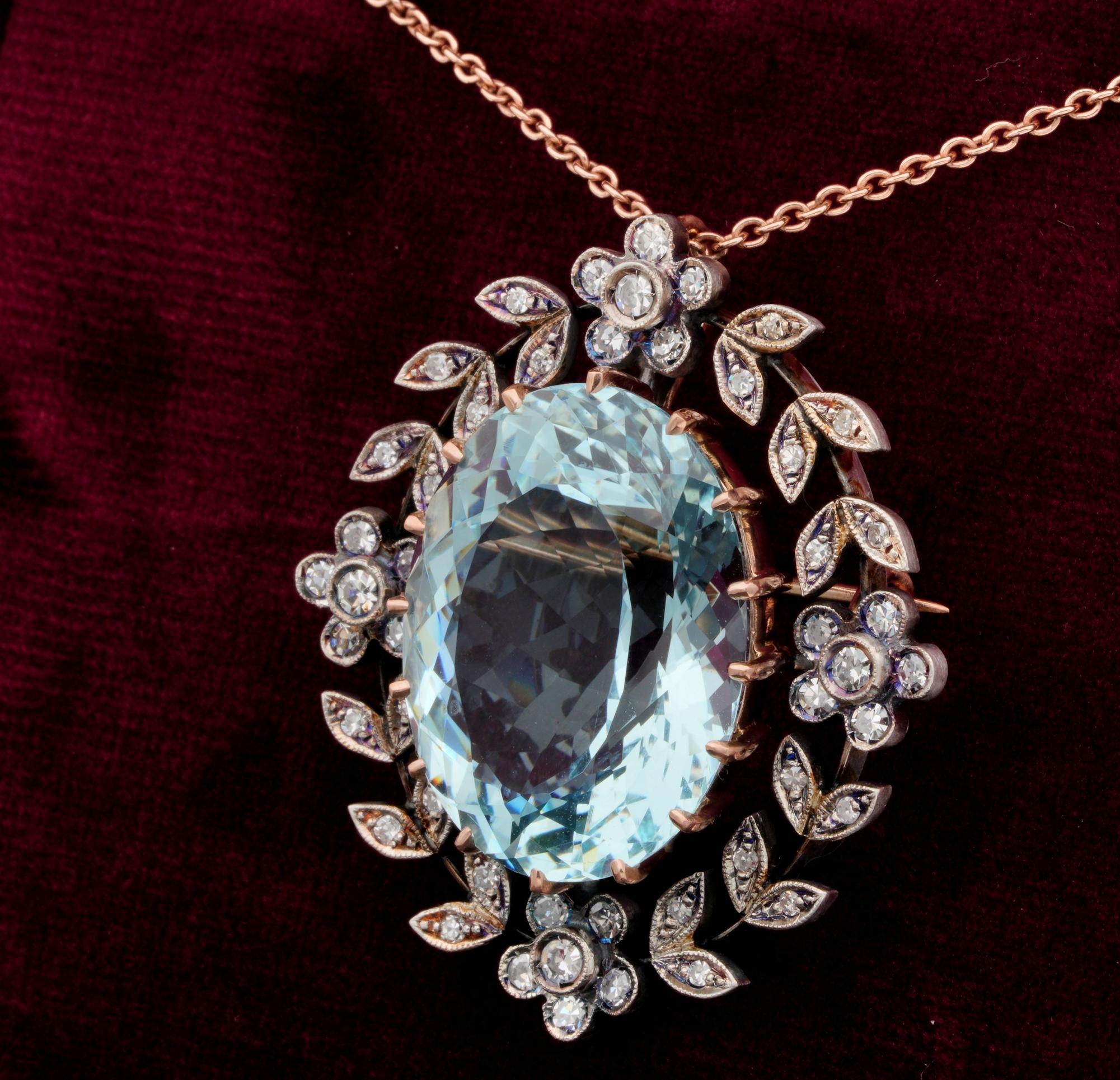 Women's or Men's Edwardian 35.0 CT Natural Aquamarine 1.50 Ct Diamond Rare Brooch Pendant For Sale