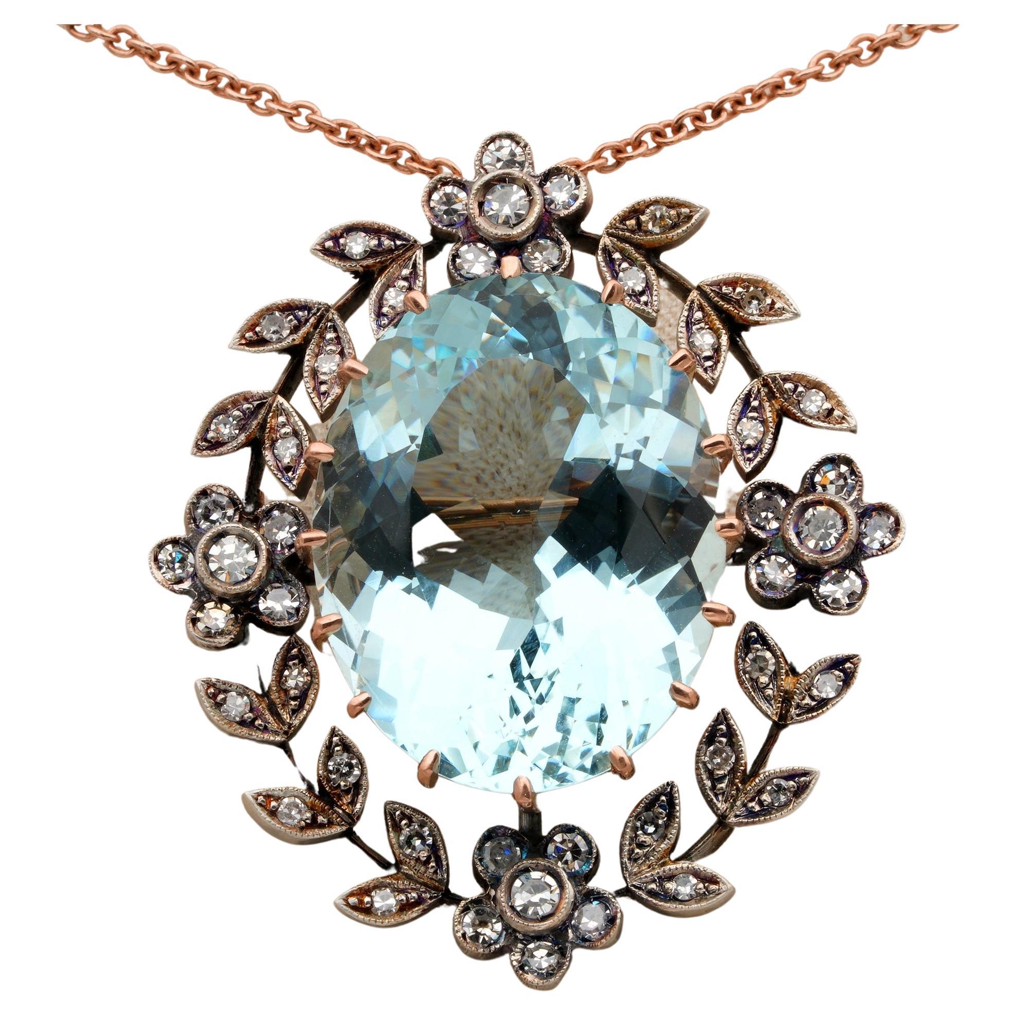 Edwardian 35.0 CT Natural Aquamarine 1.50 Ct Diamond Rare Brooch Pendant For Sale