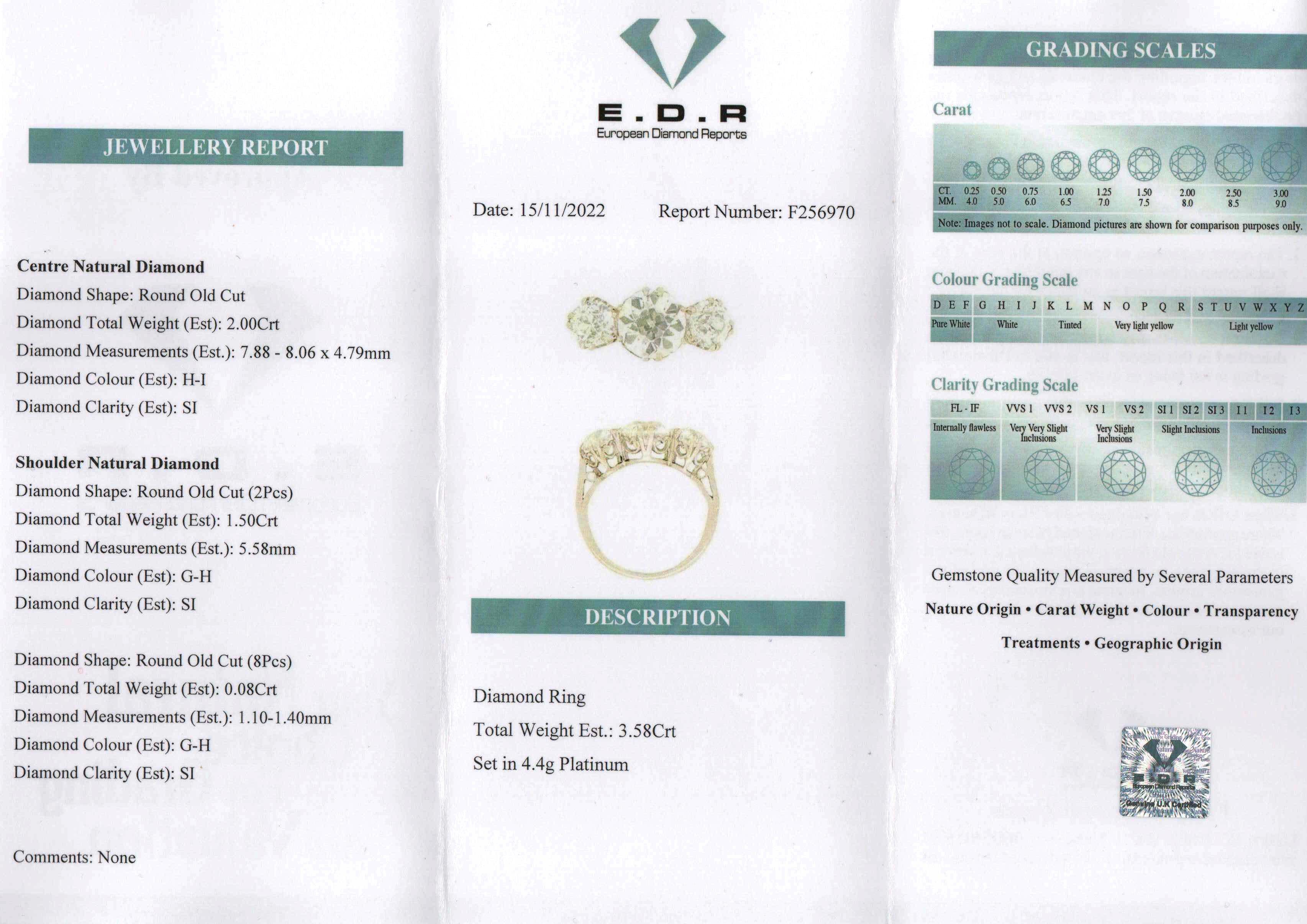 Edwardian 3.50ct Diamond Three Stone Ring, c.1915 For Sale 1