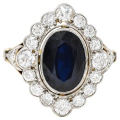 Edwardian 3.60 Carats Sapphire European Cut Diamond Platinum 18 Karat Gold Ring