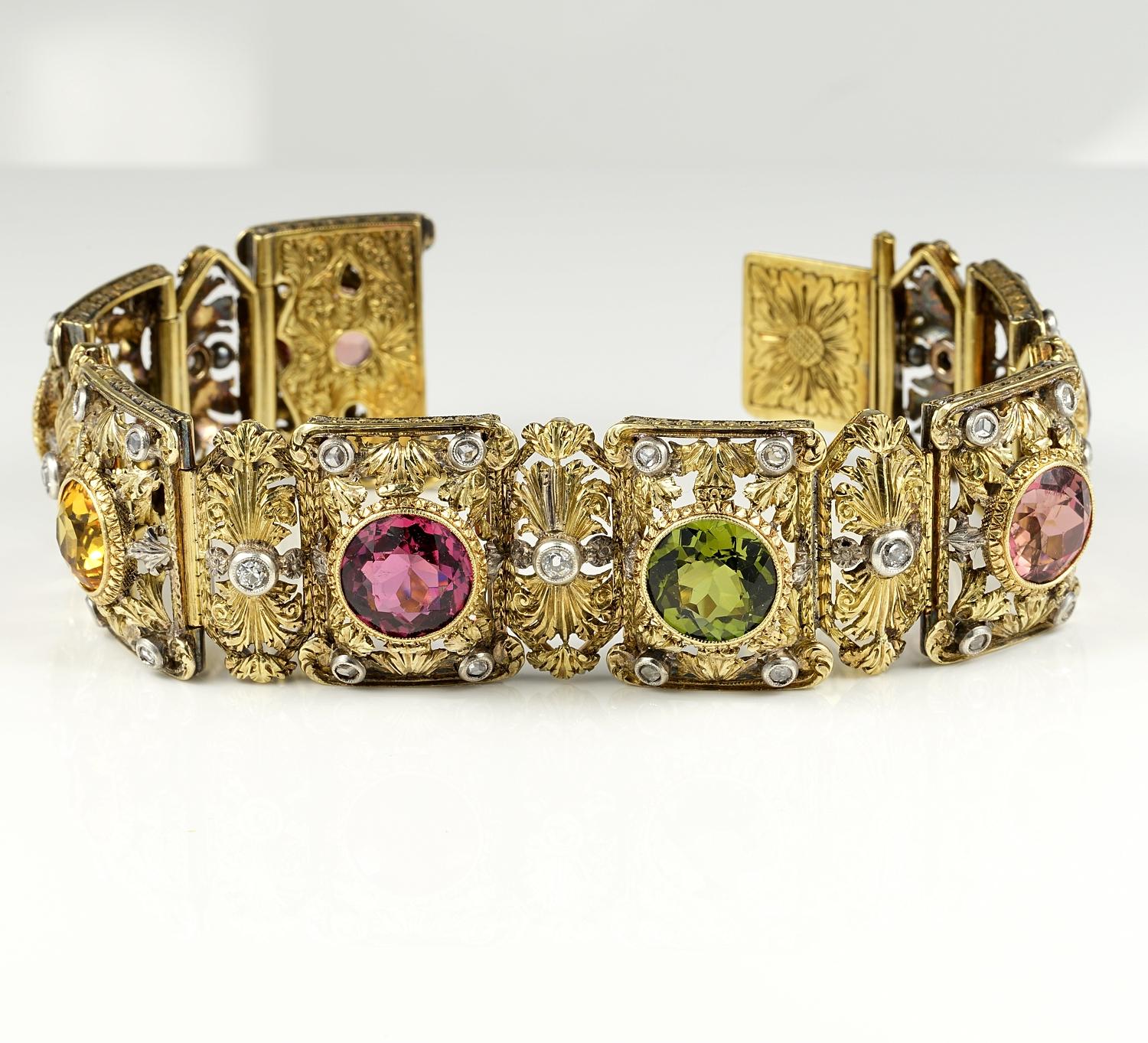 This magnificent Edwardian era bracelet loaded with 36.00 Ct of coloured gemstones, untreated and totally natural
It displays extraordinary workmanship of the period, superb and intricate work of leaf and scroll work making it quite an unique
Hand