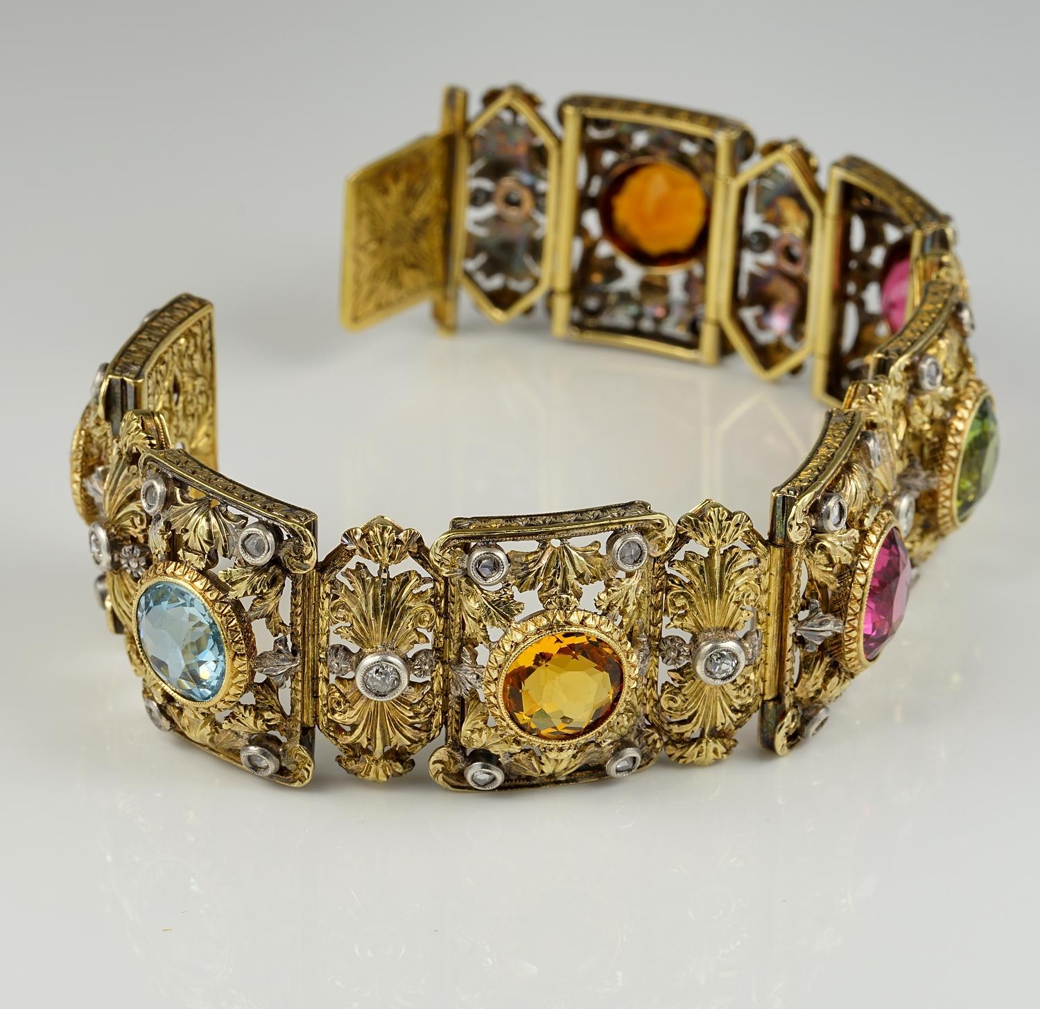 Edwardian 36.0 Carat Untreated Multigem Stone Diamond Bracelet In Good Condition For Sale In Napoli, IT