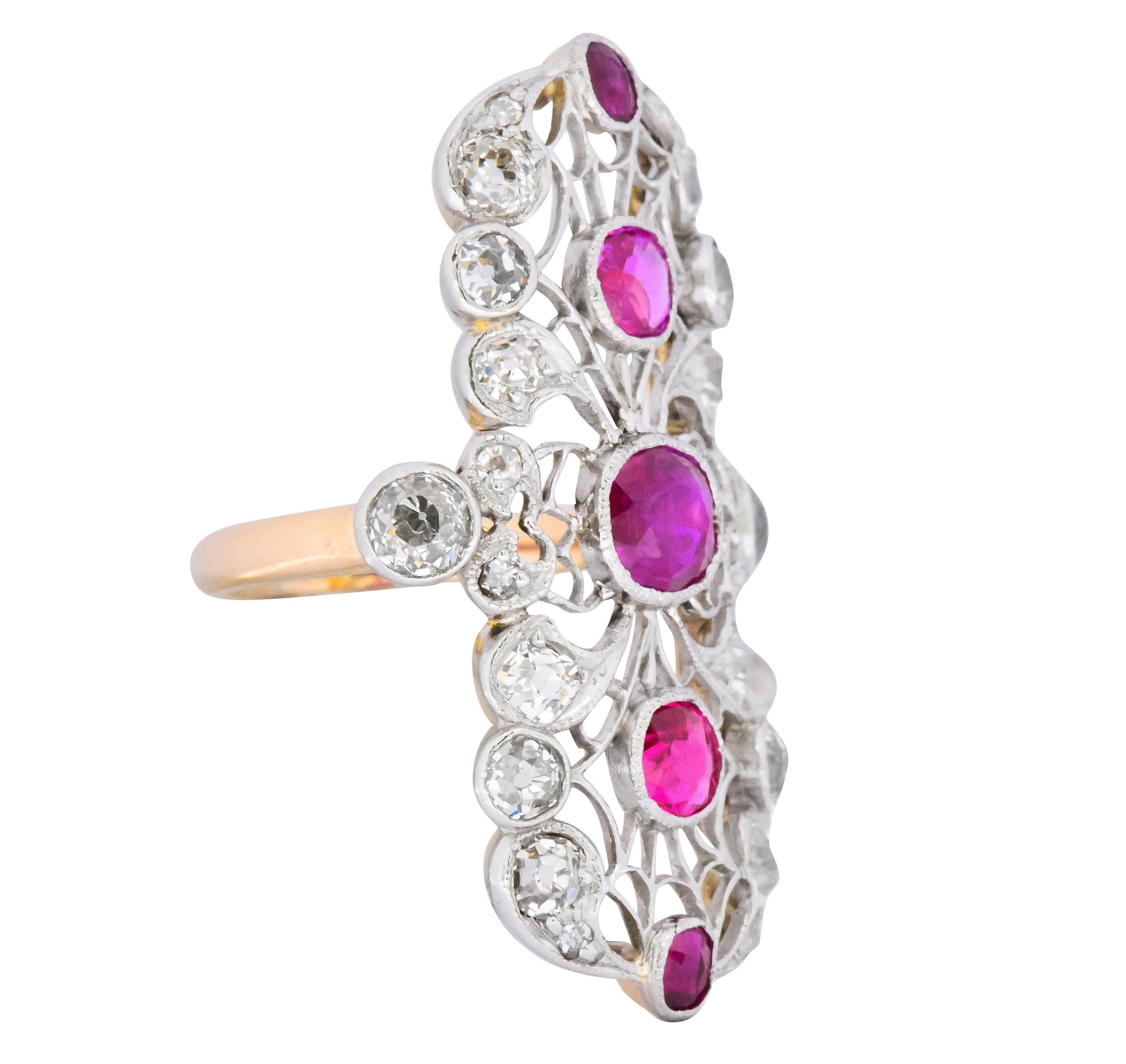 Round Cut Edwardian 3.60 Carat Ruby Diamond Platinum-Topped 14 Karat Gold Dinner Ring