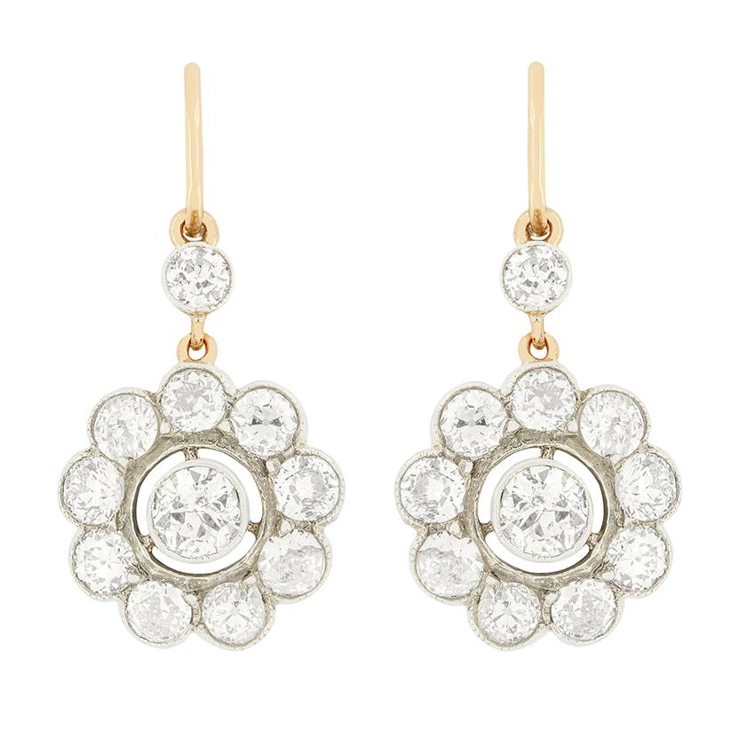 Old European Cut Edwardian 3.60ct Diamond Daisy Drop Earrings, c.1910s For Sale