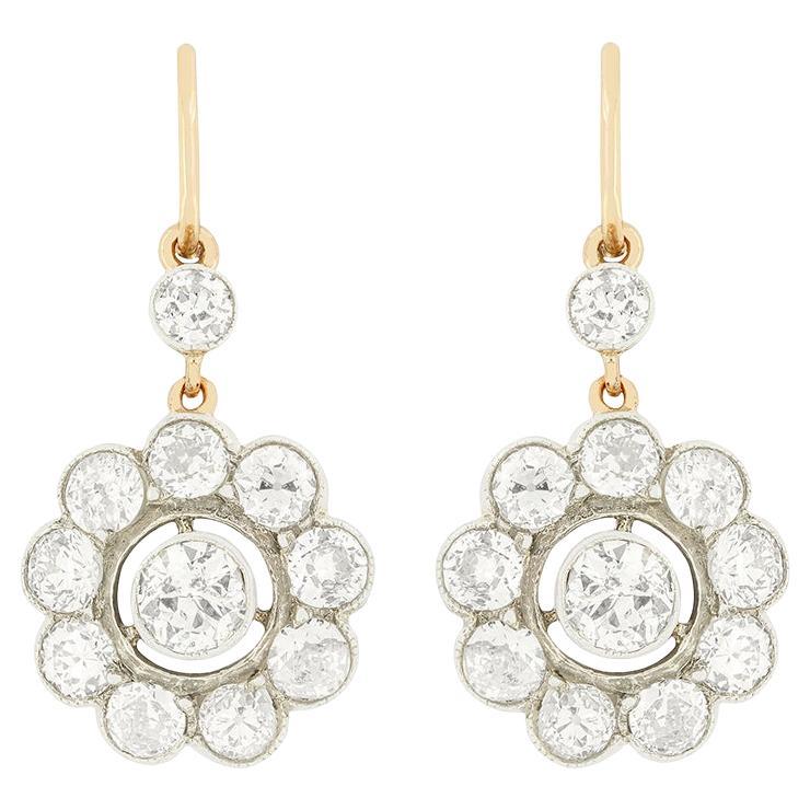 Edwardian 3.60ct Diamond Daisy Drop Earrings, c.1910s For Sale