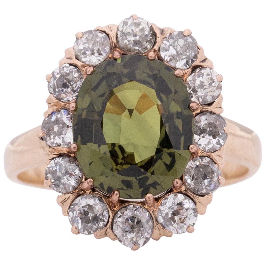 Edwardian 3.63Ct No Heat GIA Certified Olive Green Sapphire w/Diamond Halo Ring