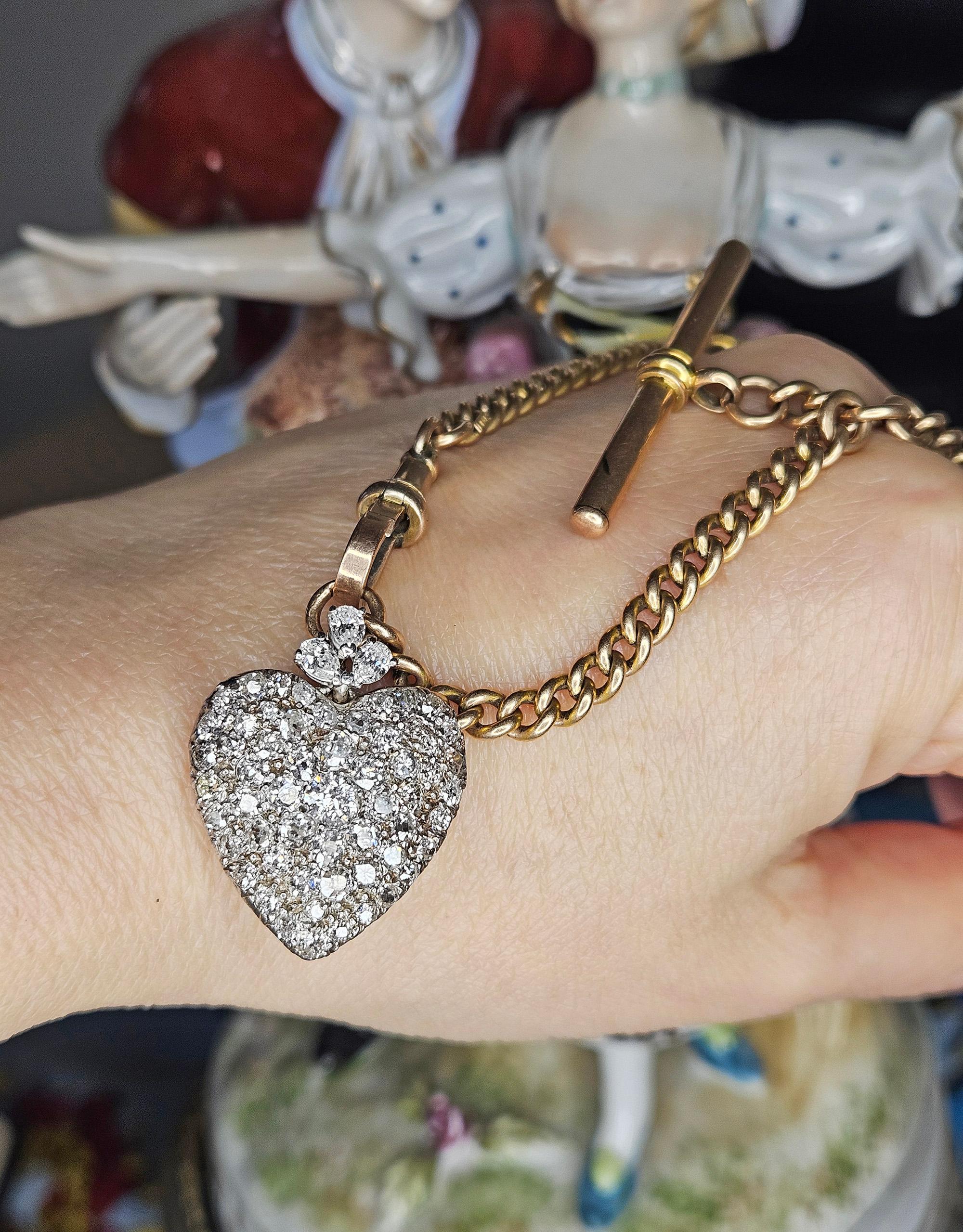 Edwardian 3.70ctw Old Euro Old Mine & Pear Shaped DIAMOND Heart Platinum Pendant en venta 13