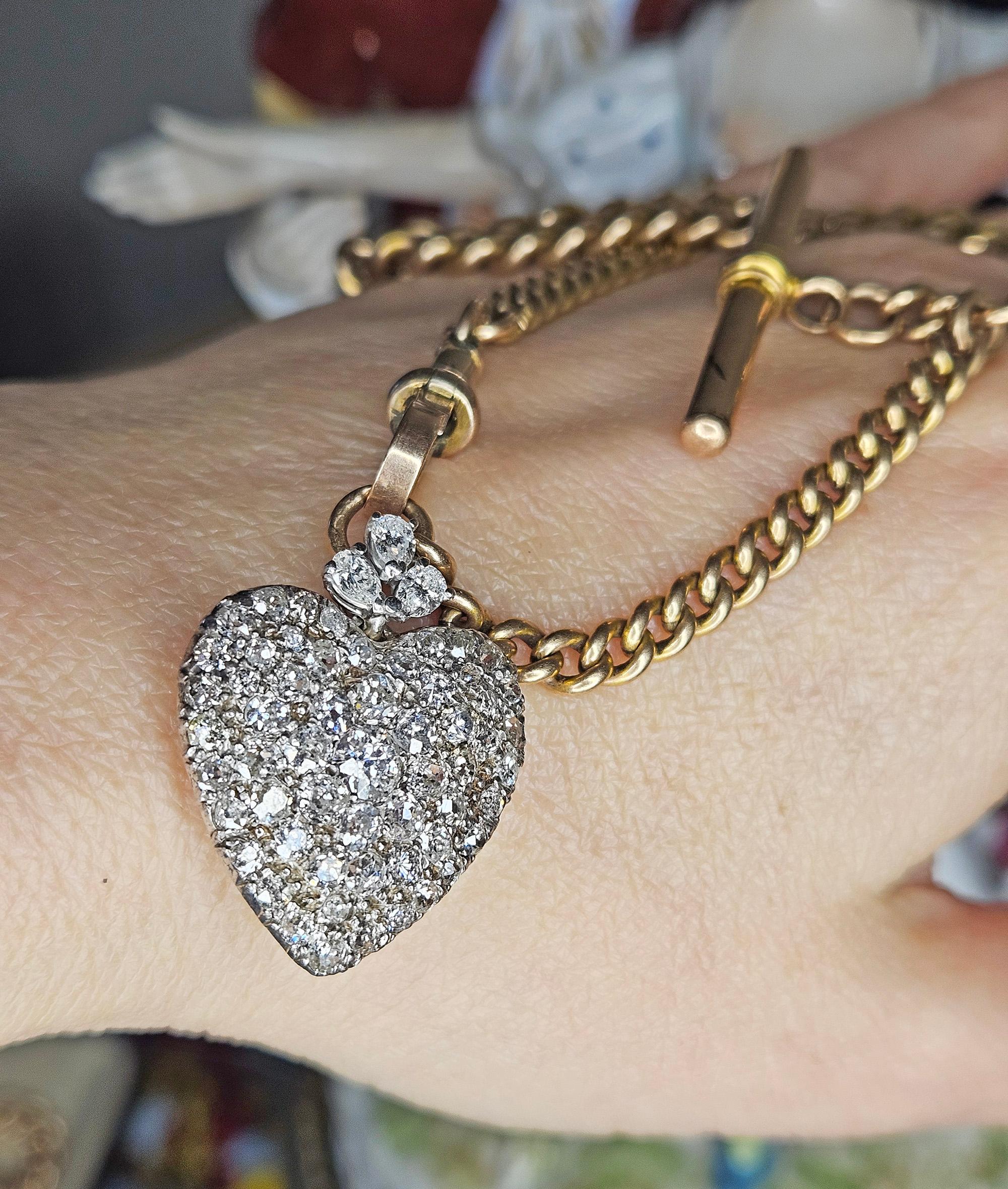 Edwardian 3.70ctw Old Euro Old Mine & Pear Shaped DIAMOND Heart Platinum Pendant en venta 1