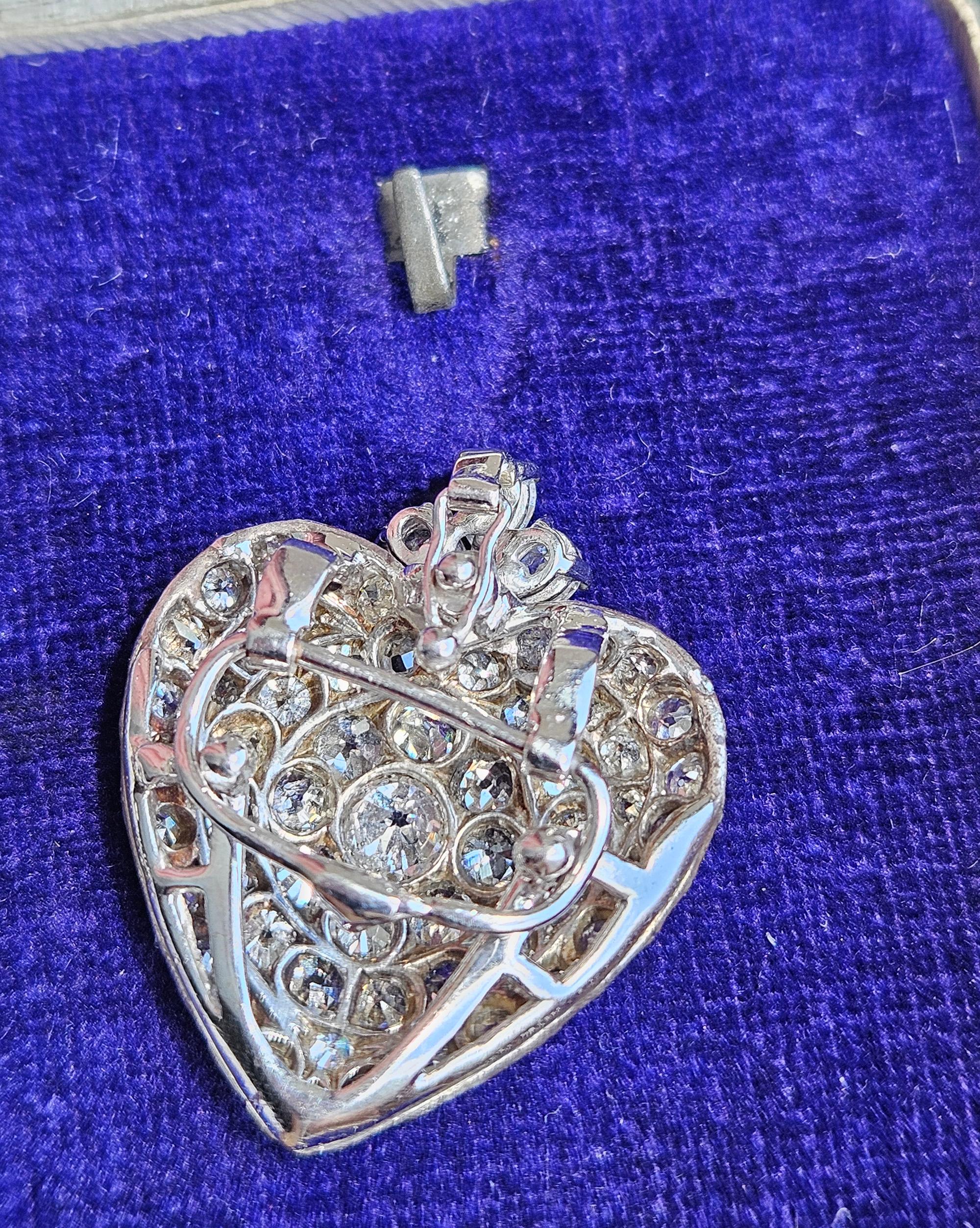 De las mujeres Edwardian 3.70ctw Old Euro Old Mine & Pear Shaped DIAMOND Heart Platinum Pendant en venta
