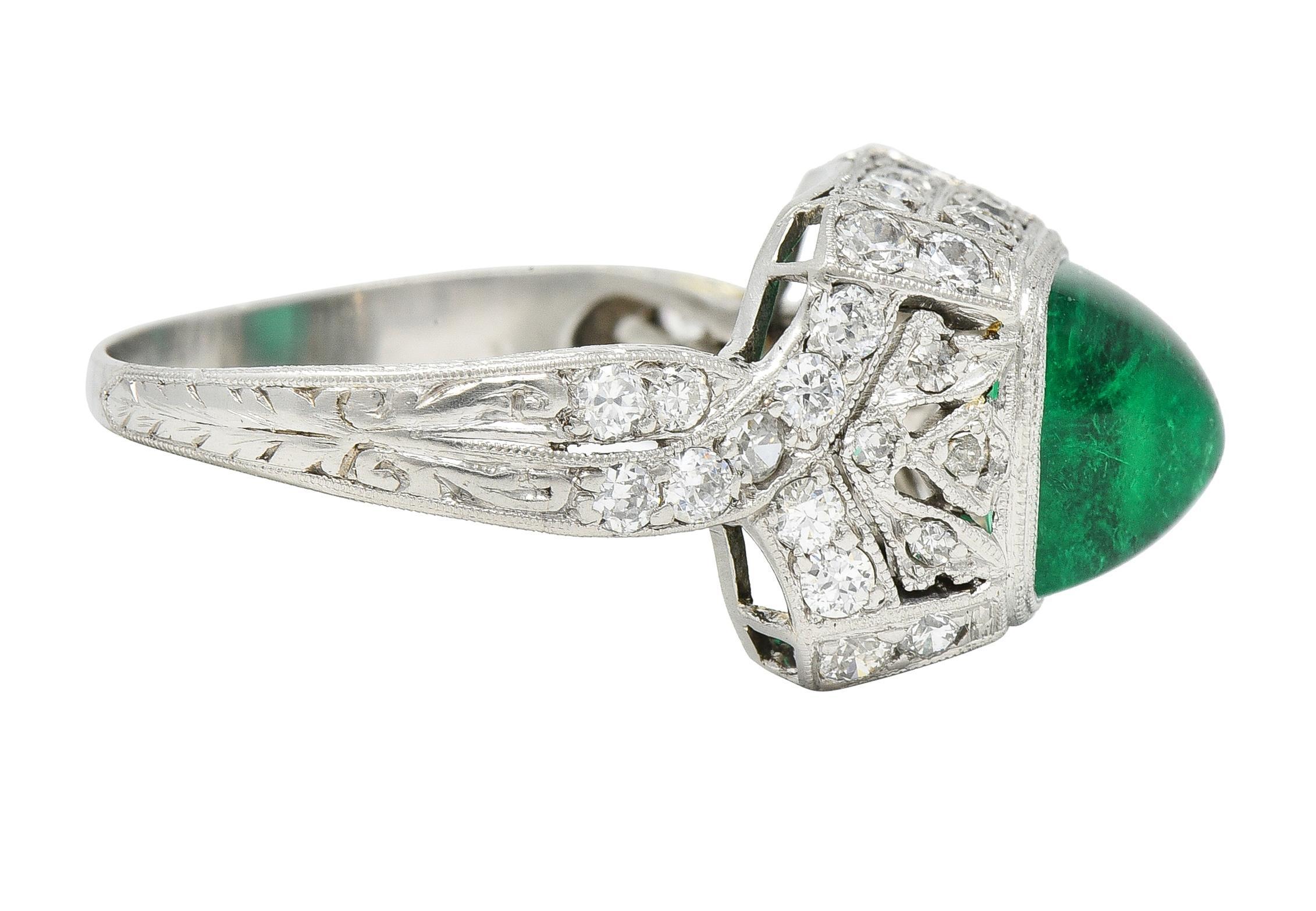Edwardian 3.79 CTW Sugarloaf Emerald Diamond Platinum Tulip Antique Dome Ring In Excellent Condition In Philadelphia, PA