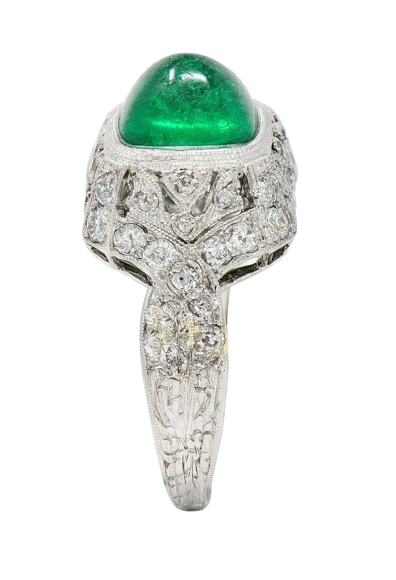 Edwardian 3.79 CTW Sugarloaf Emerald Diamond Platinum Tulip Antique Dome Ring 5
