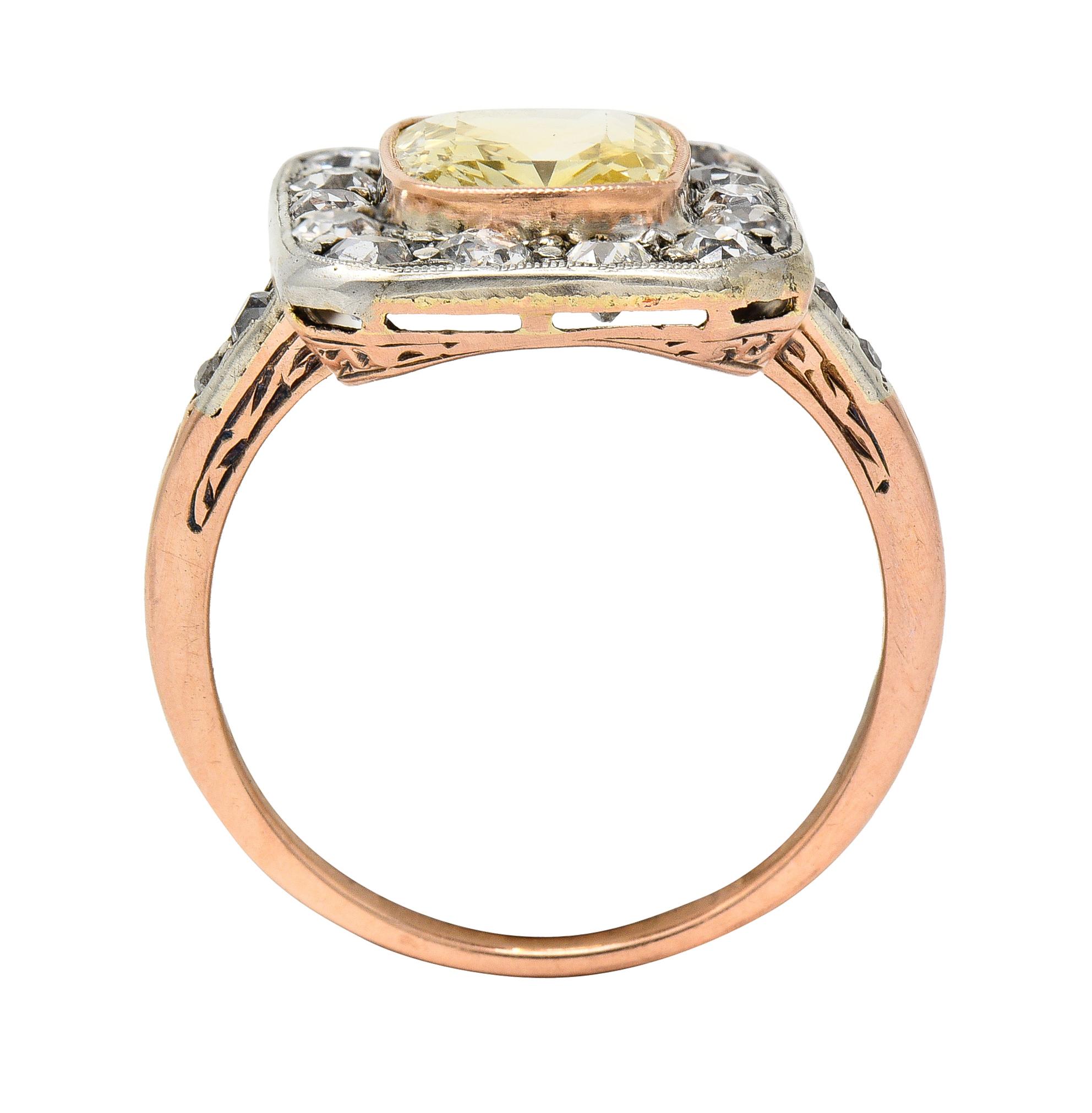 Edwardian 3.84 CTW Yellow Sapphire Diamond Platinum 18 Karat Gold Ring GIA 5