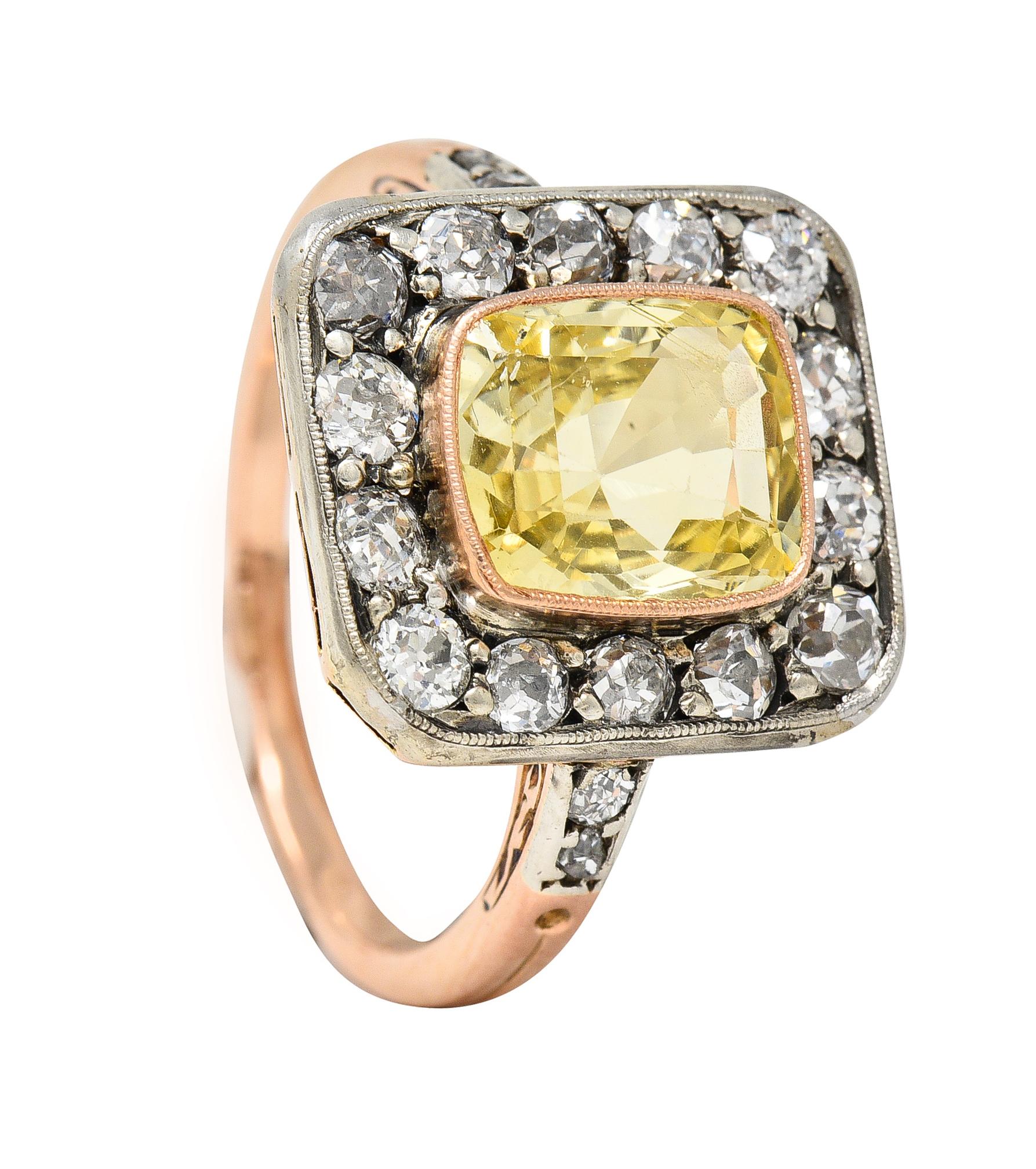 Edwardian 3.84 CTW Yellow Sapphire Diamond Platinum 18 Karat Gold Ring GIA 6