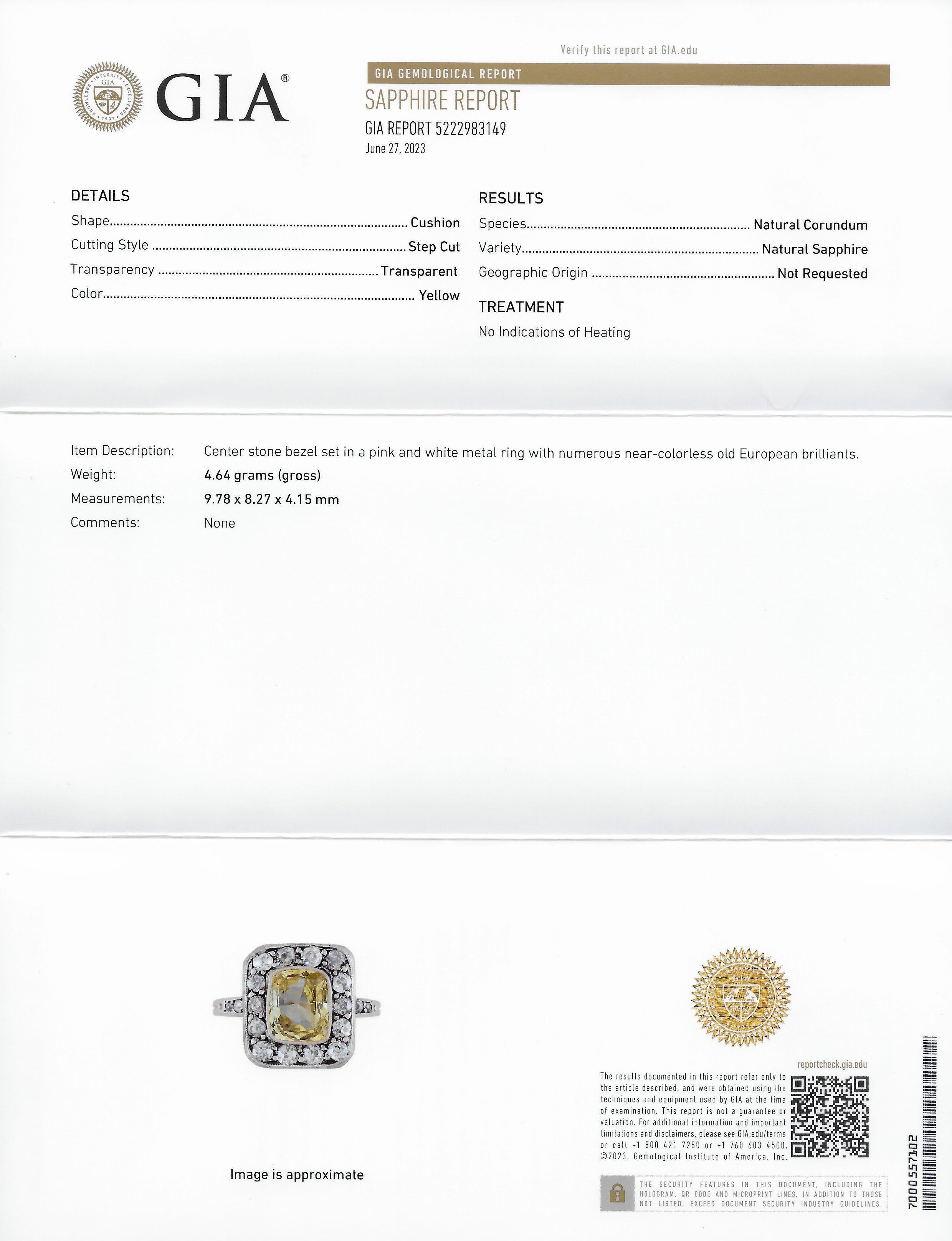 Edwardian 3.84 CTW Yellow Sapphire Diamond Platinum 18 Karat Gold Ring GIA 7