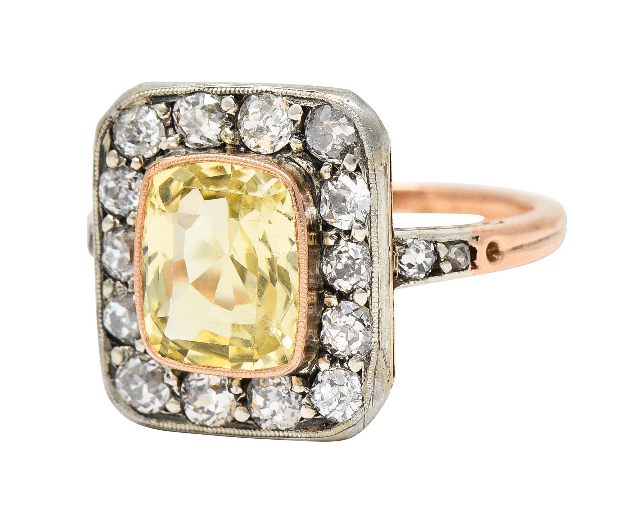 Edwardian 3.84 CTW Yellow Sapphire Diamond Platinum 18 Karat Gold Ring GIA 2