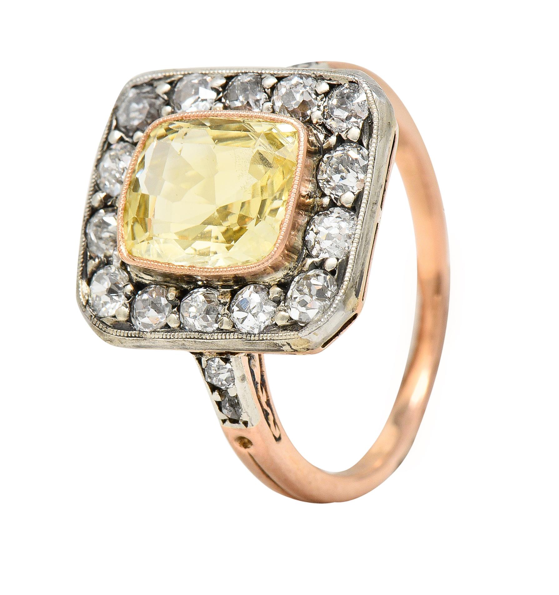 Edwardian 3.84 CTW Yellow Sapphire Diamond Platinum 18 Karat Gold Ring GIA 4