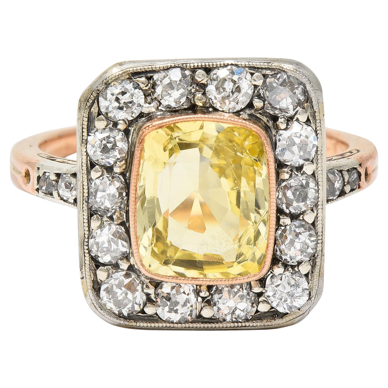 Edwardian 3.84 CTW Yellow Sapphire Diamond Platinum 18 Karat Gold Ring GIA
