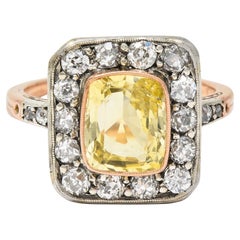 Antique Edwardian 3.84 CTW Yellow Sapphire Diamond Platinum 18 Karat Gold Ring GIA