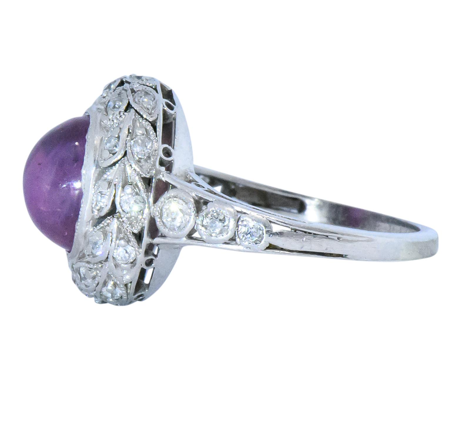 Cabochon Edwardian 3.85 Carats Star Pink Sapphire Diamond Platinum Ring