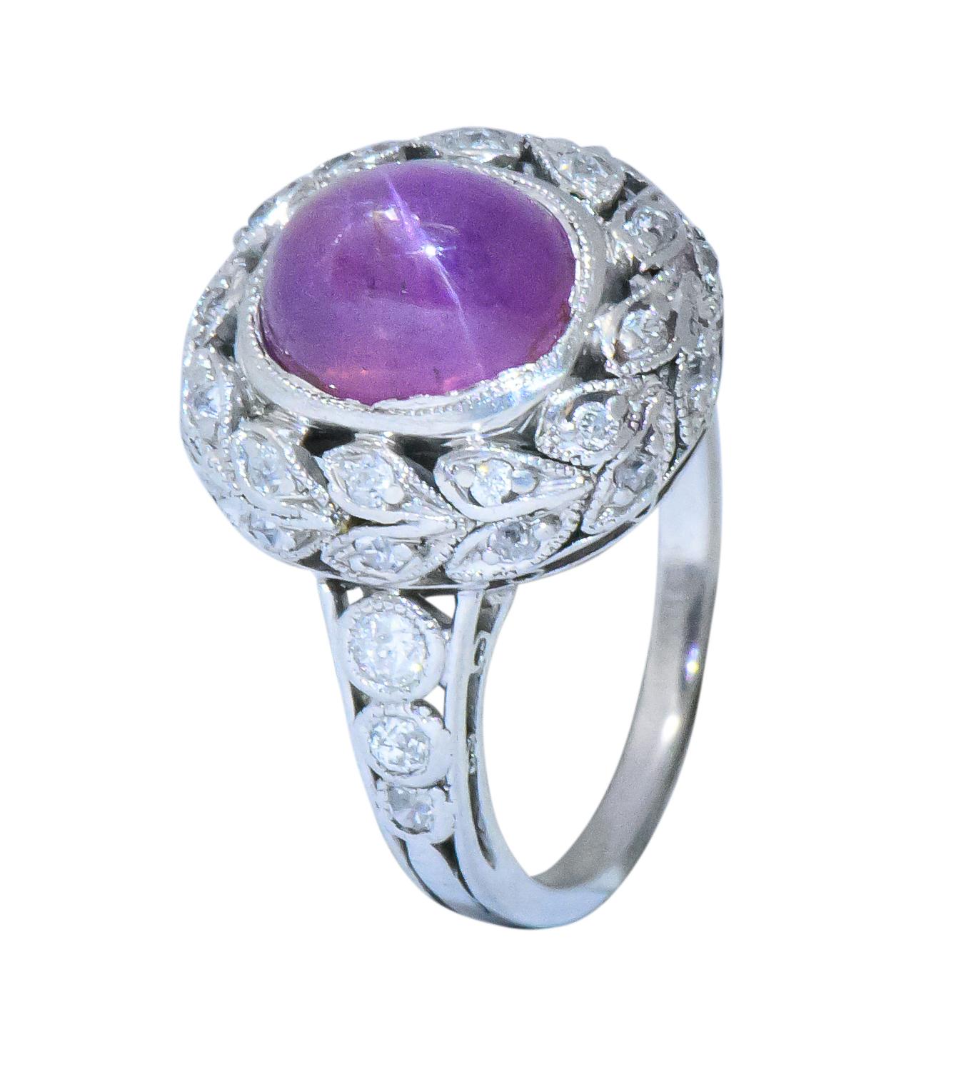 Edwardian 3.85 Carats Star Pink Sapphire Diamond Platinum Ring 3