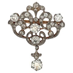 Broche/pince/pendentif édouardienne en or jaune 14 carats et platine avec diamants de 3,87 carats, années 1910