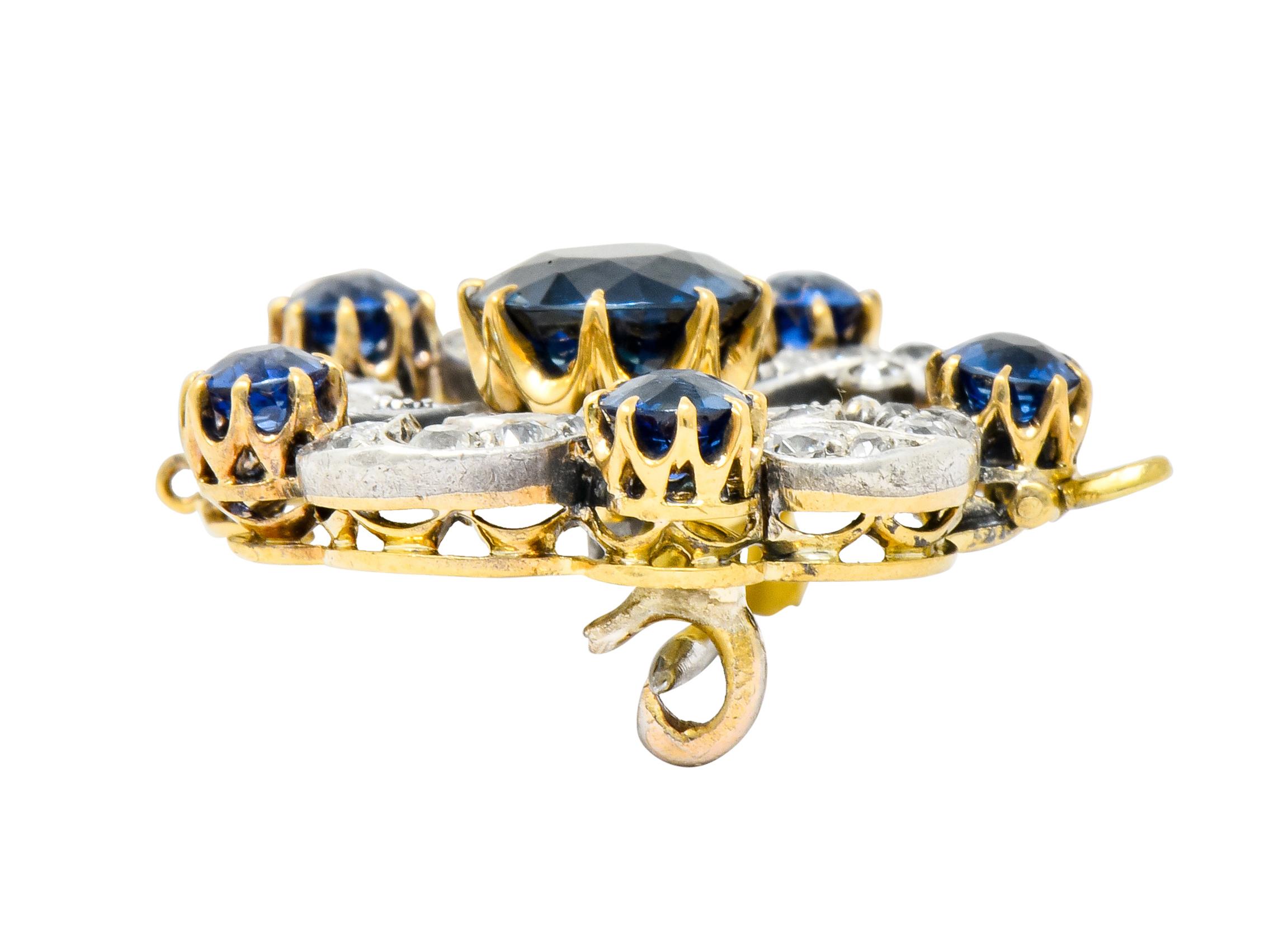 Women's or Men's Edwardian 3.90 Carat Sapphire Diamond Platinum-Topped Floral Pendant Brooch