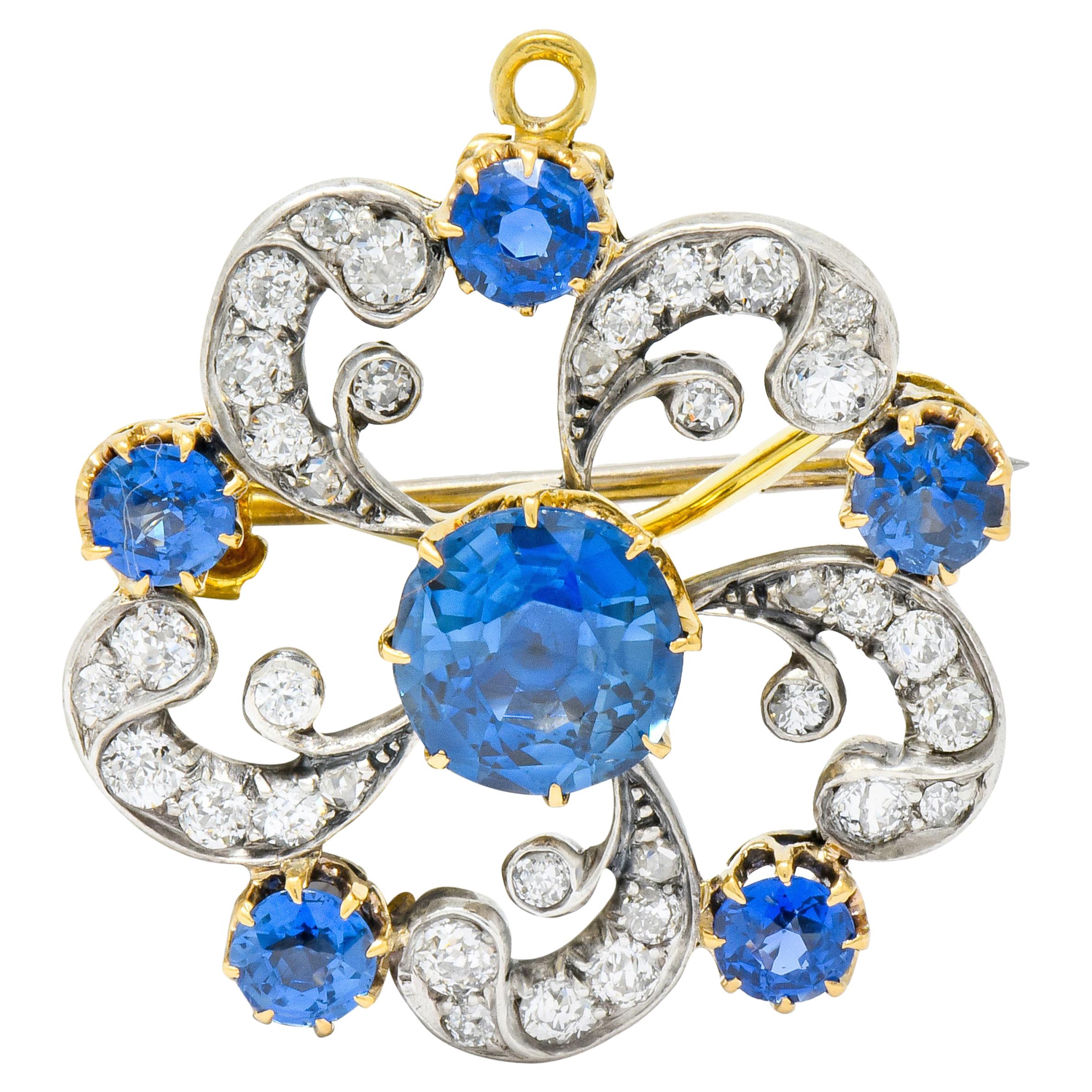 Edwardian 3.90 Carat Sapphire Diamond Platinum-Topped Floral Pendant Brooch