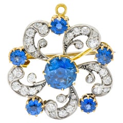 Edwardian 3.90 Carat Sapphire Diamond Platinum-Topped Floral Pendant Brooch