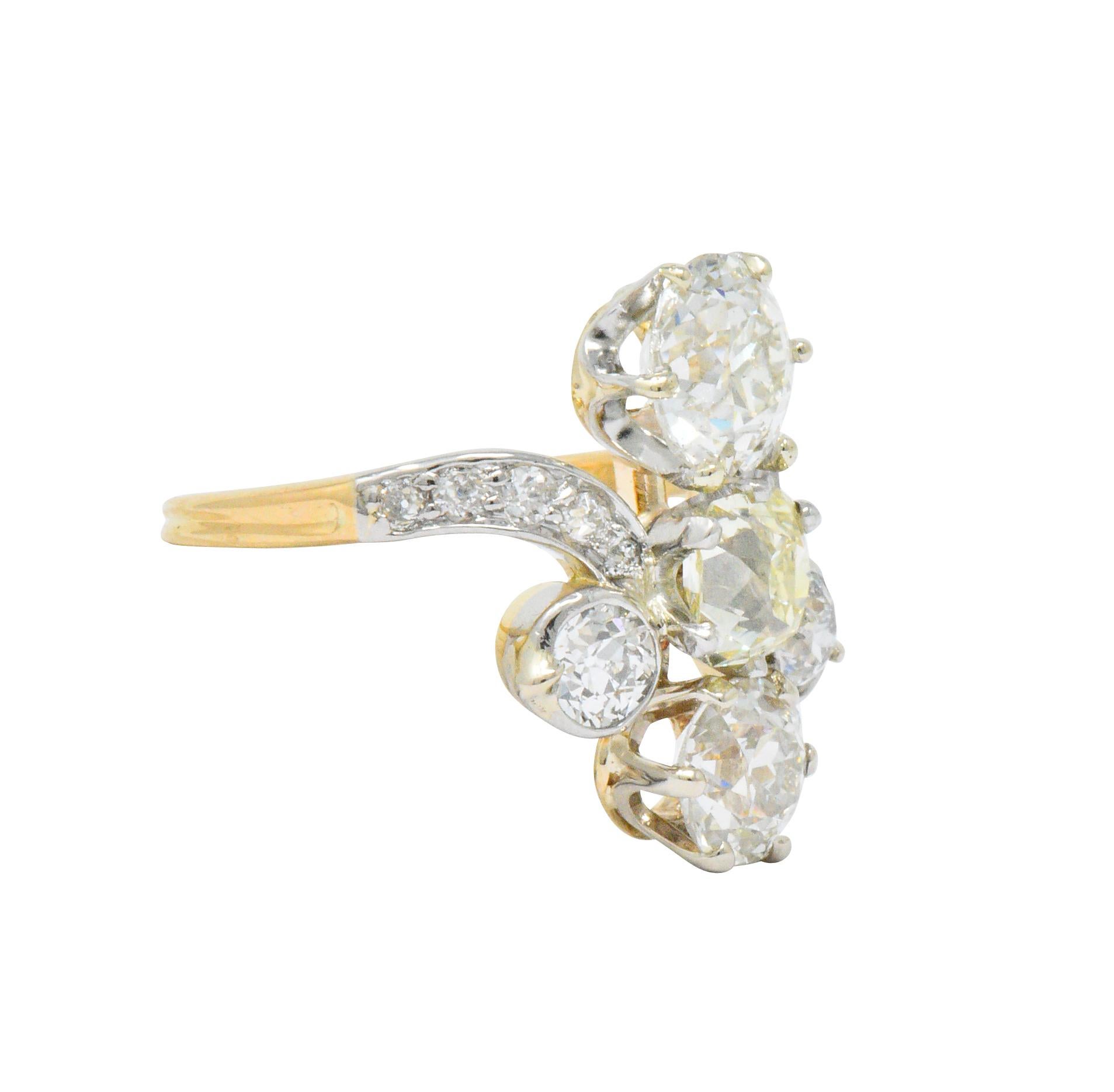 Edwardian 3.95 Carat Diamond Yellow Diamond Platinum-Topped 18 Karat Gold Ring 1