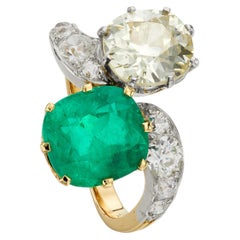 Edwardian 3.95ct Colombian Emerald & 3.15ct Old Mine Cut Diamond Toi et Moi Ring