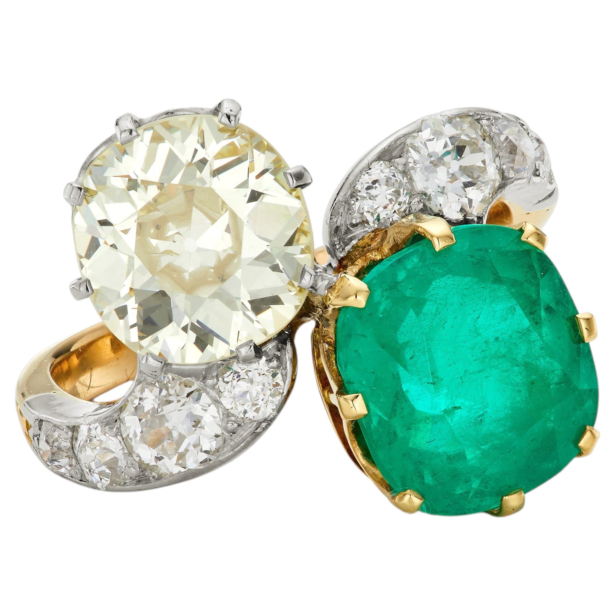Edwardian 3.95ct Colombian Emerald & 3.15ct Old Mine Cut Diamond Toi et Moi Ring