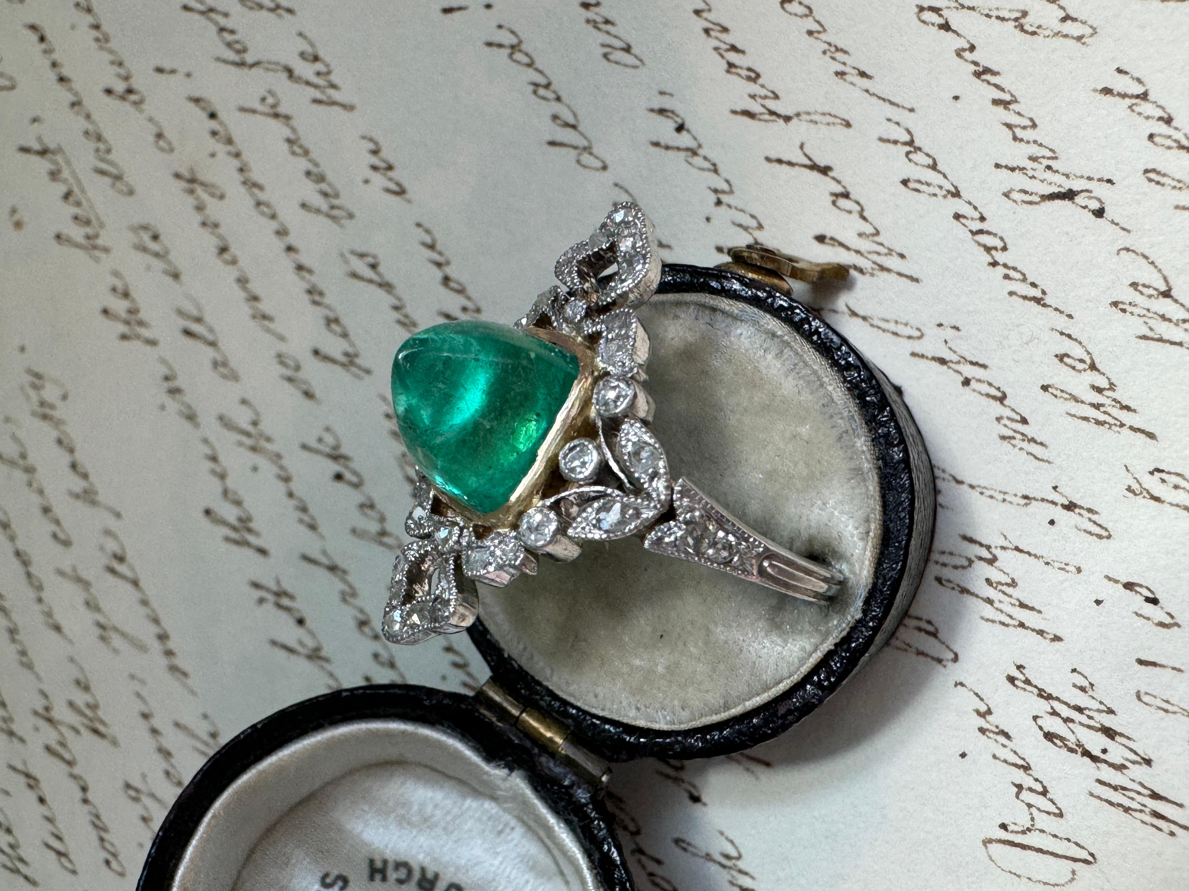 Anillo eduardiano de esmeralda colombiana de 4 quilates y diamante talla rosa - GIA en Bueno estado para la venta en Hummelstown, PA