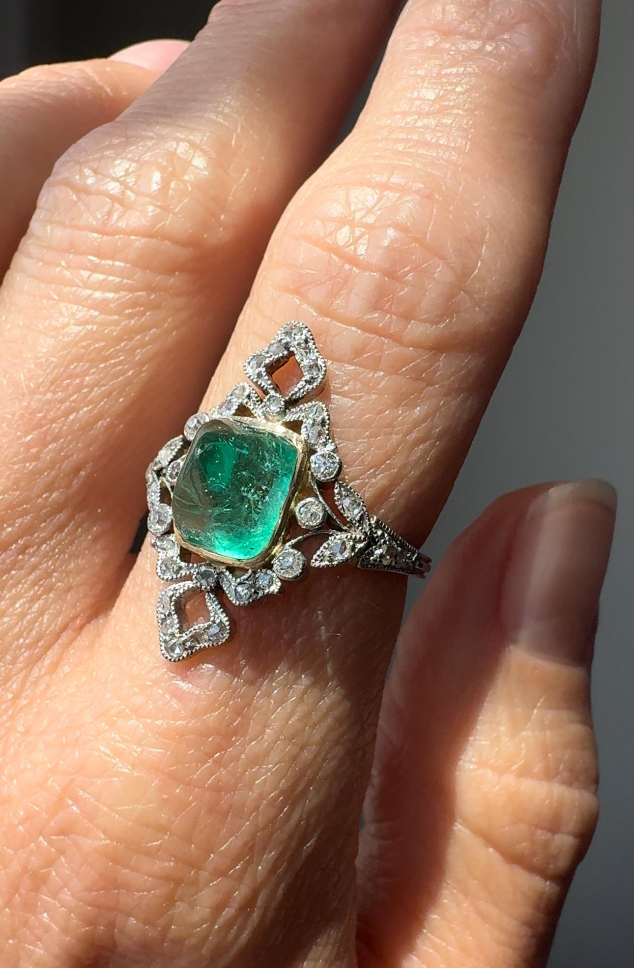 Anillo eduardiano de esmeralda colombiana de 4 quilates y diamante talla rosa - GIA en venta 1