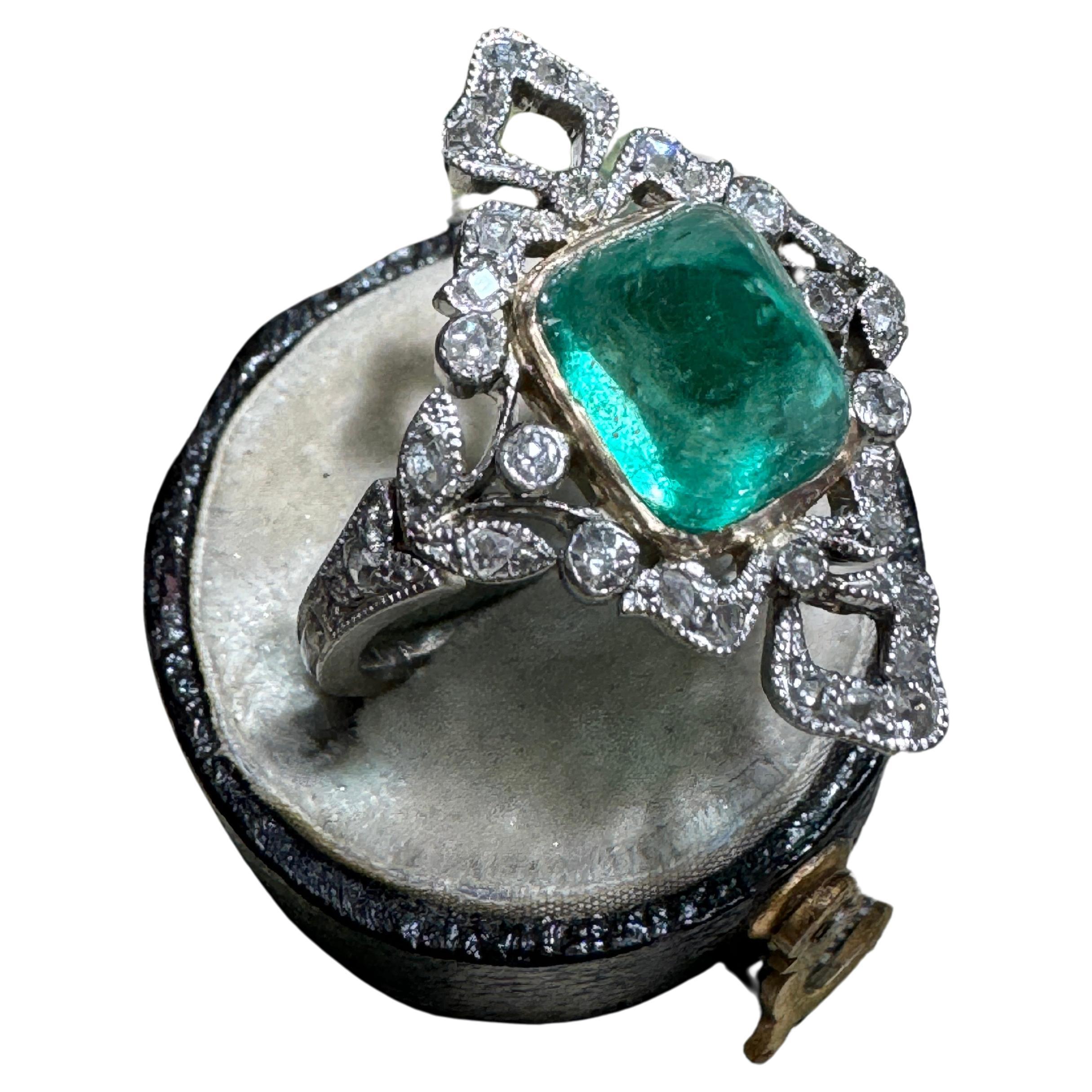 Anillo eduardiano de esmeralda colombiana de 4 quilates y diamante talla rosa - GIA en venta