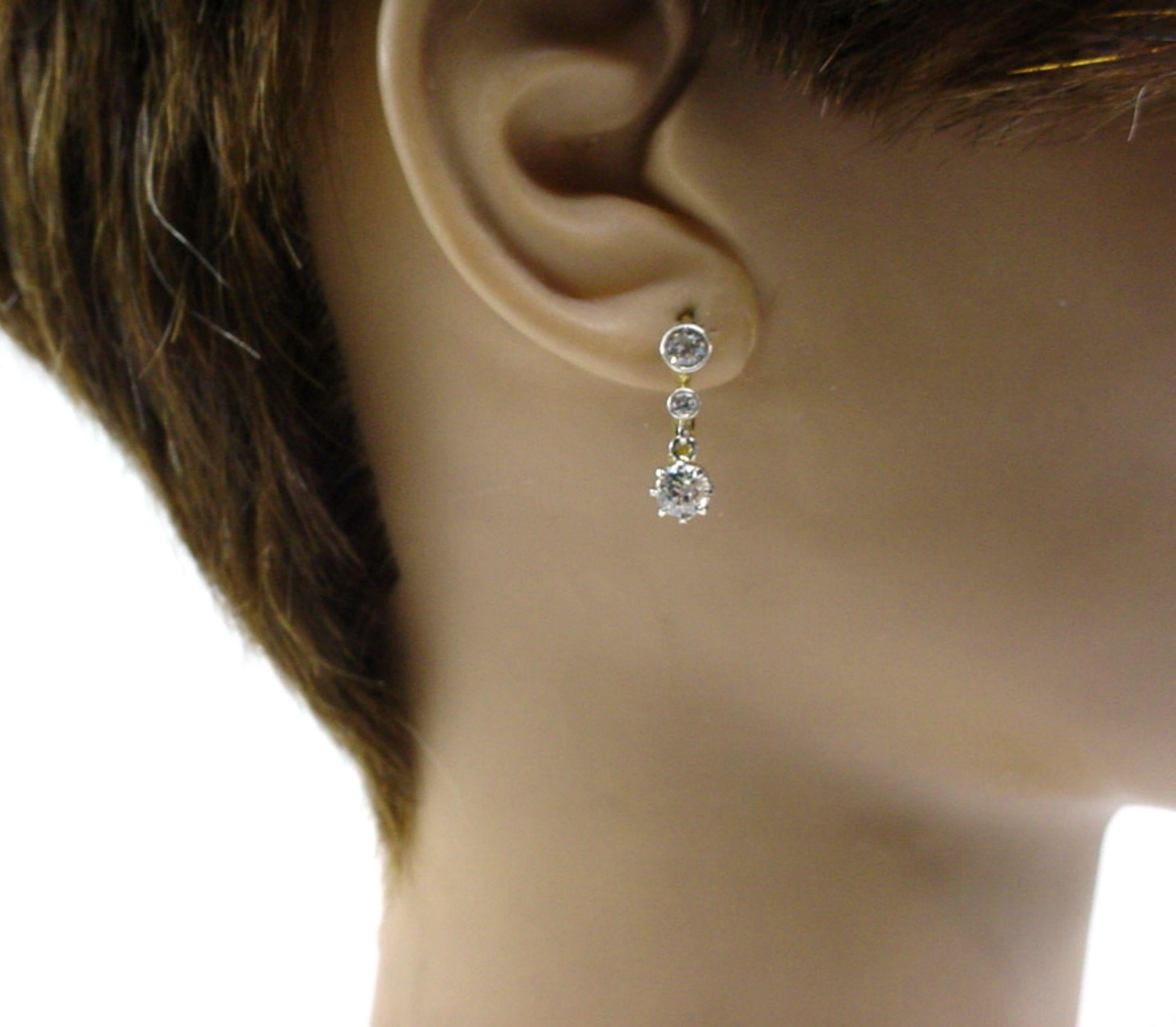 Old European Cut Edwardian 4-Tier OEC Diamond Platinum Top Gold Drop Earrings For Sale