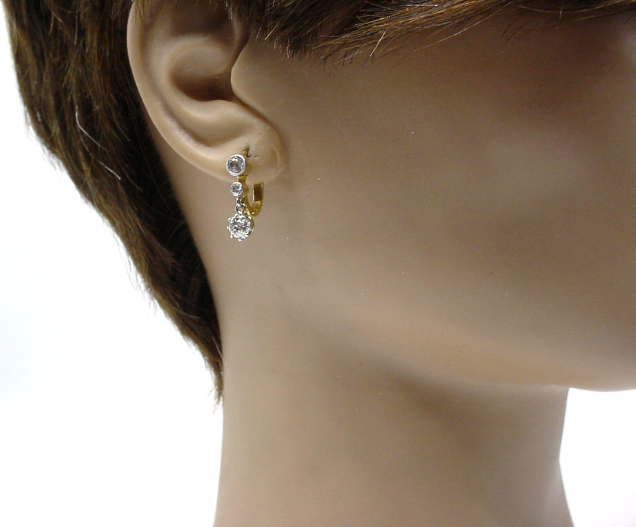 Edwardian 4-Tier OEC Diamond Platinum Top Gold Drop Earrings In Good Condition For Sale In Santa Rosa, CA