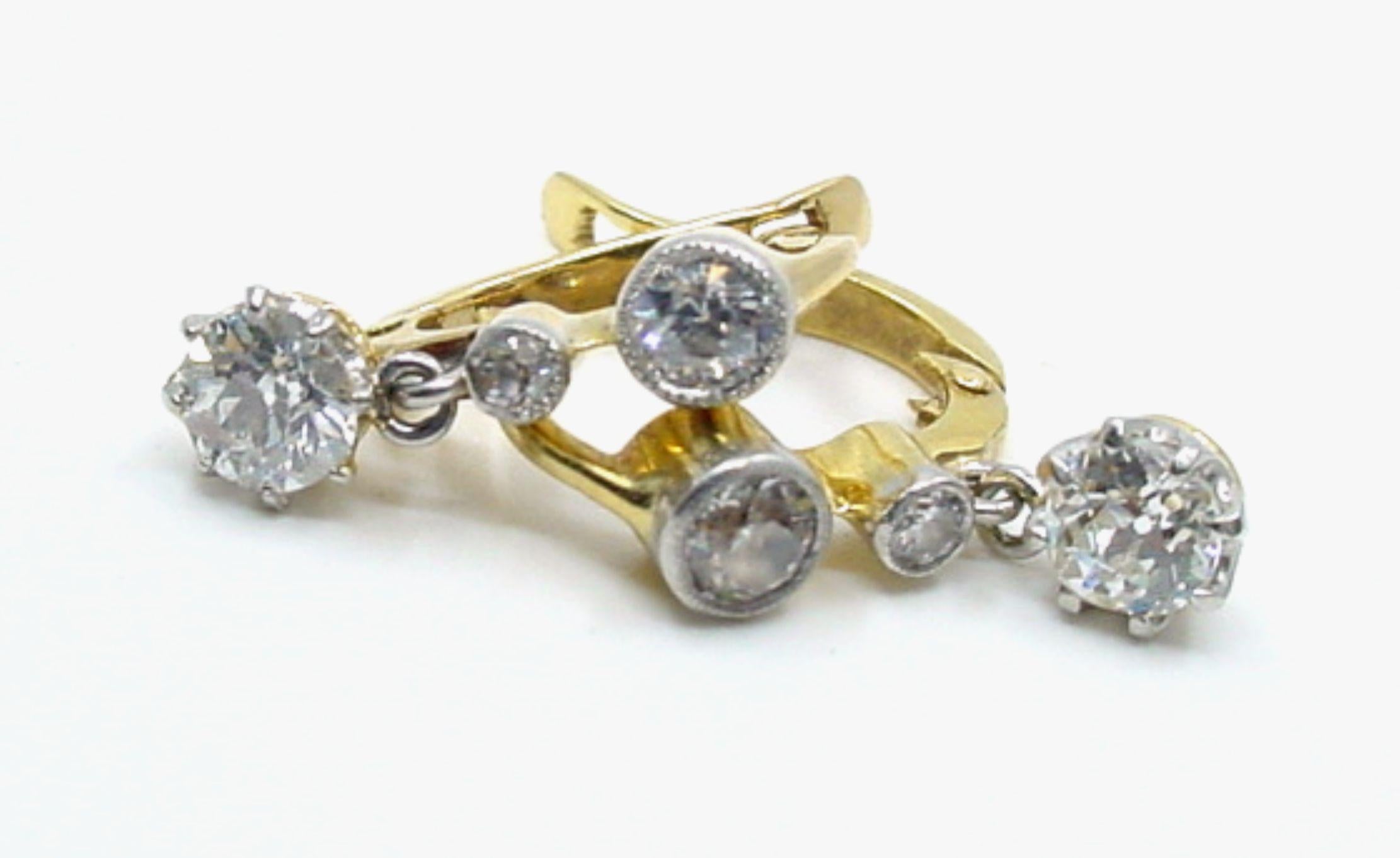 Women's or Men's Edwardian 4-Tier OEC Diamond Platinum Top Gold Drop Earrings For Sale