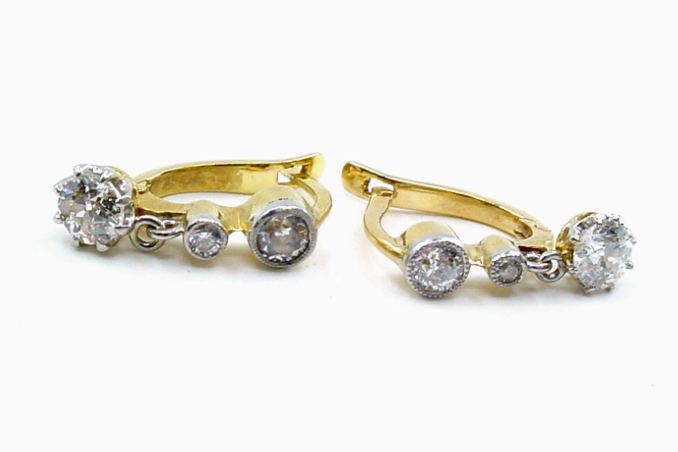 Edwardian 4-Tier OEC Diamond Platinum Top Gold Drop Earrings For Sale 1