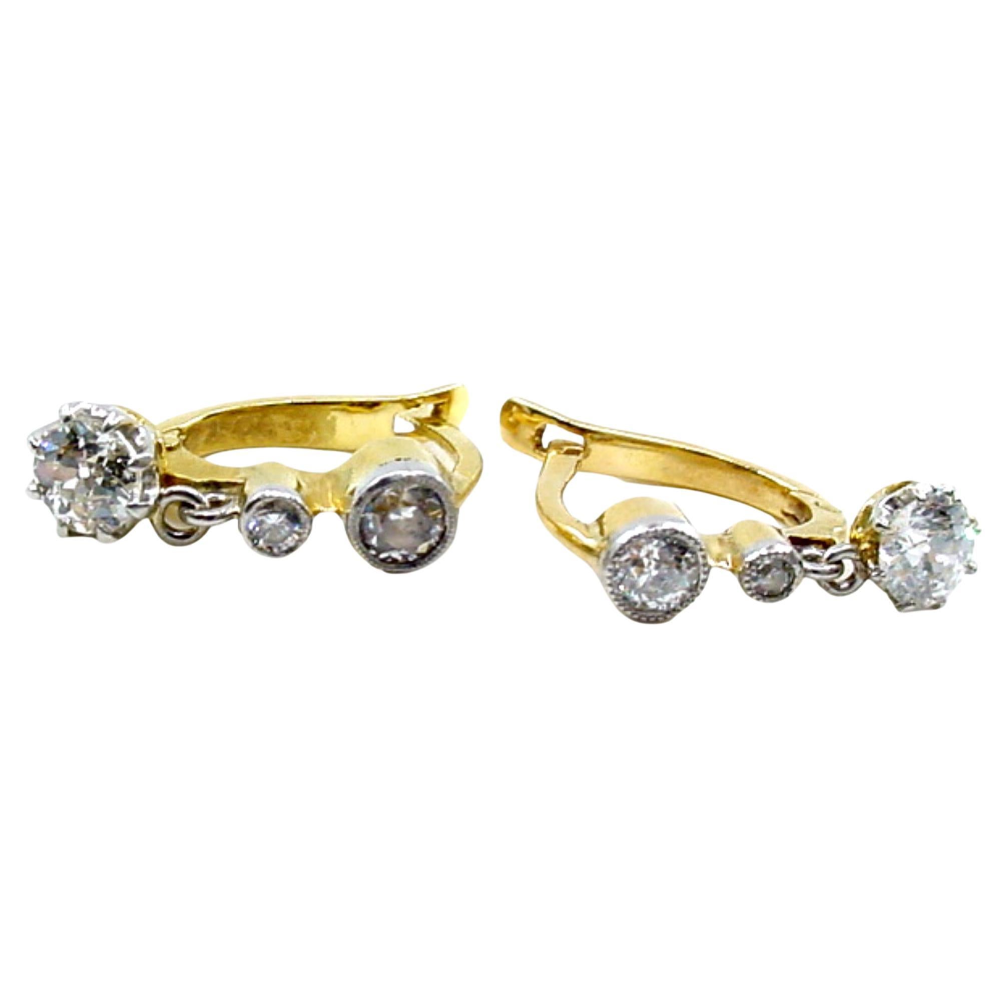 Edwardian 4-Tier OEC Diamond Platinum Top Gold Drop Earrings For Sale