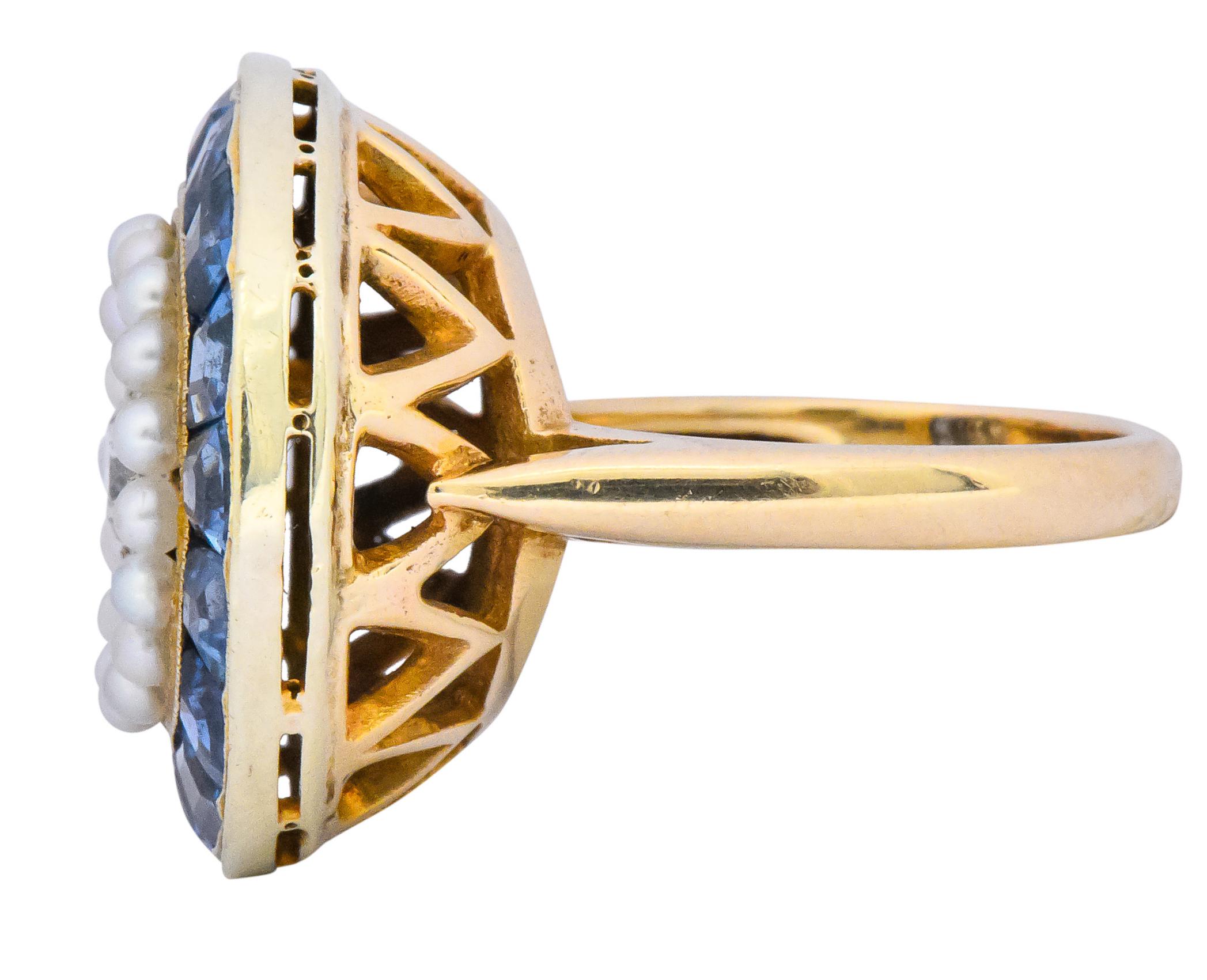 Edwardian 4.00 Carat Diamond Pearl Sapphire Platinum 14 Karat Gold Cocktail Ring 1