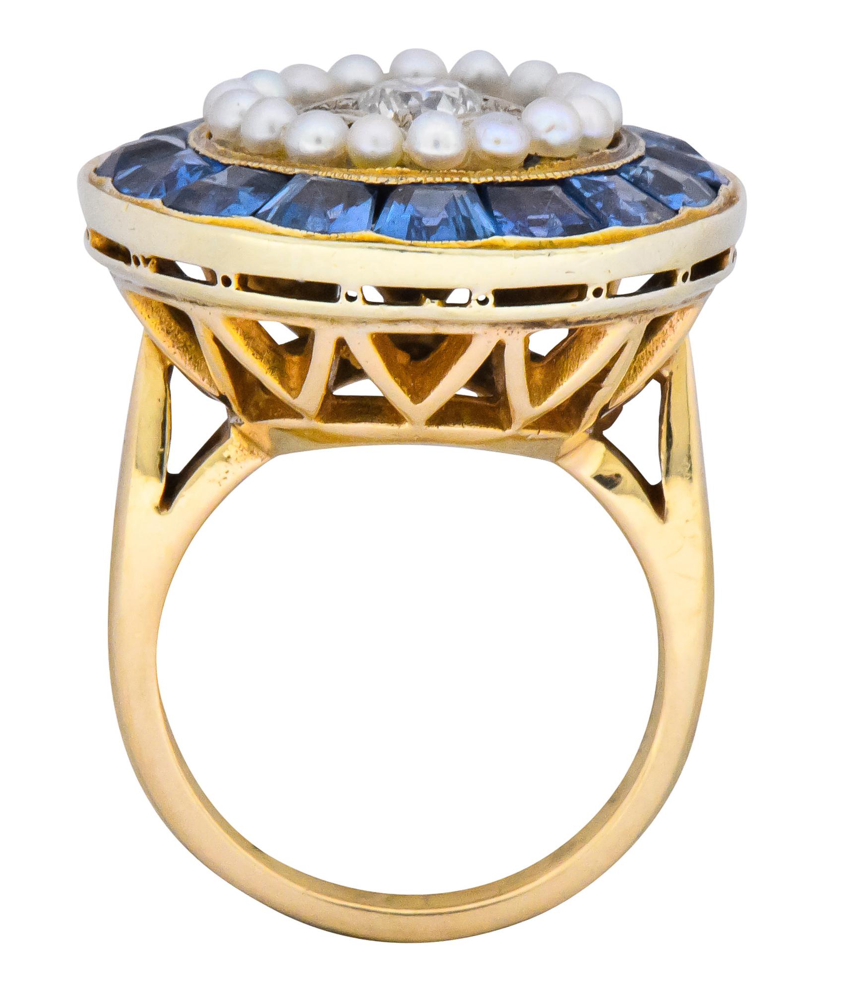 Edwardian 4.00 Carat Diamond Pearl Sapphire Platinum 14 Karat Gold Cocktail Ring 3