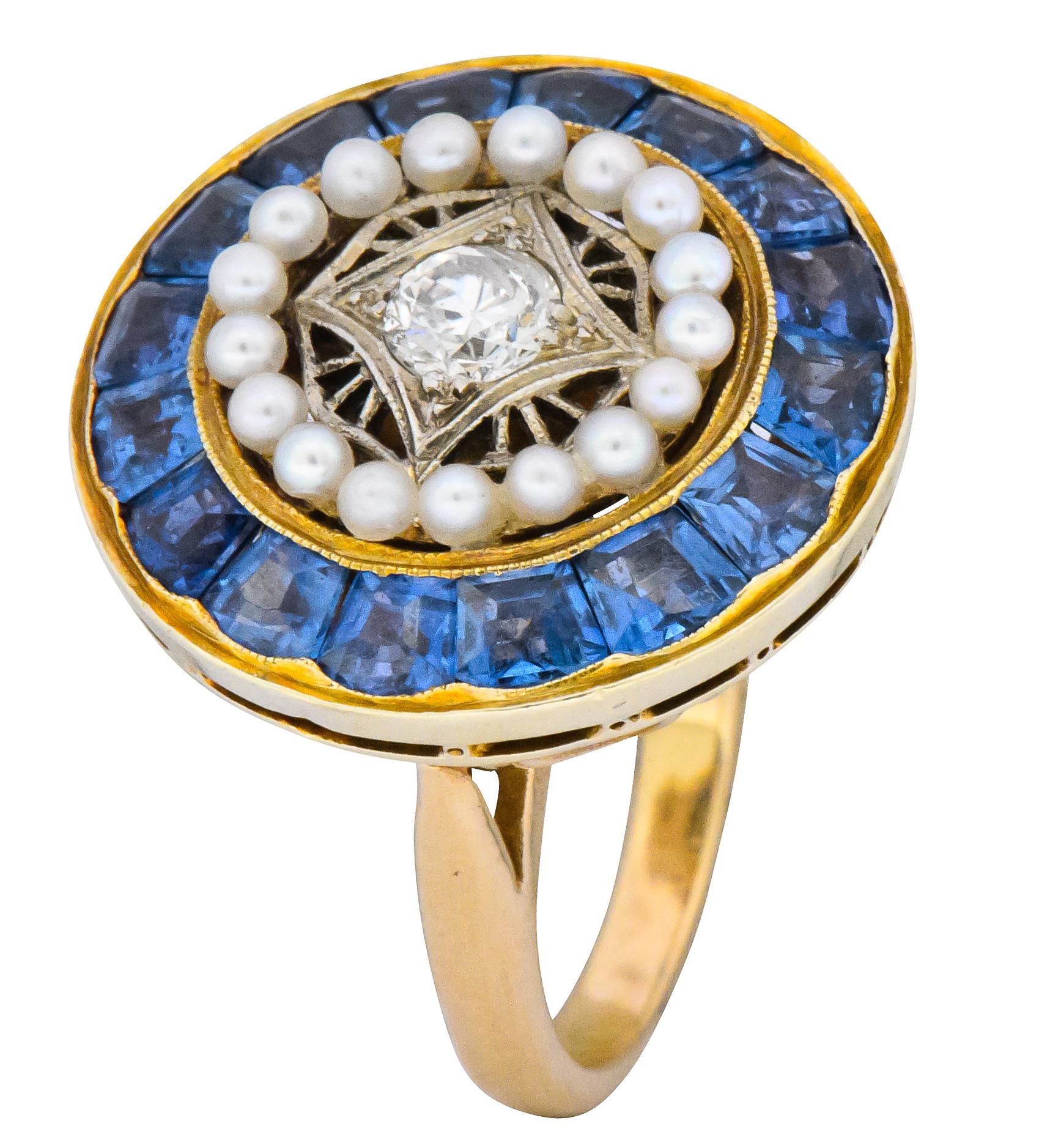 Edwardian 4.00 Carat Diamond Pearl Sapphire Platinum 14 Karat Gold Cocktail Ring 4