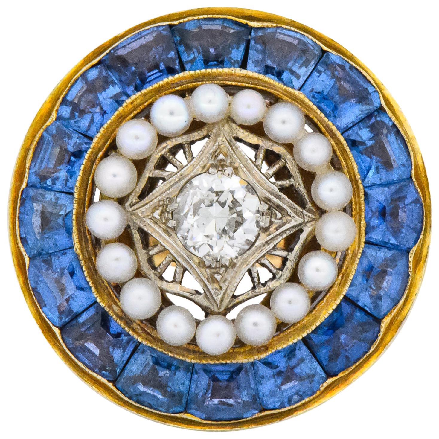 Edwardian 4.00 Carat Diamond Pearl Sapphire Platinum 14 Karat Gold Cocktail Ring